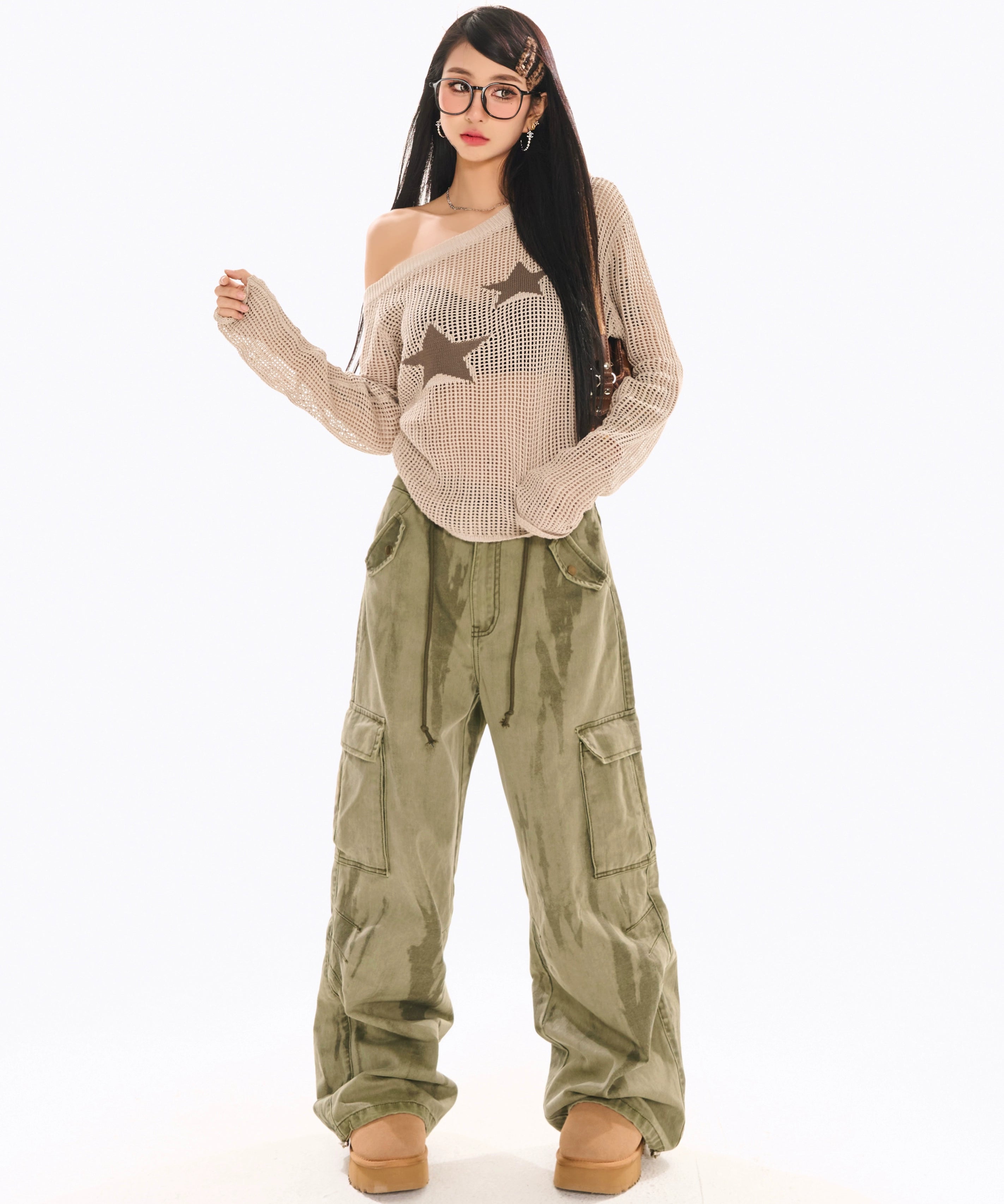 野生zerocircle卡其绿色工装裤女春美式宽松阔腿直筒休闲扎染裤子