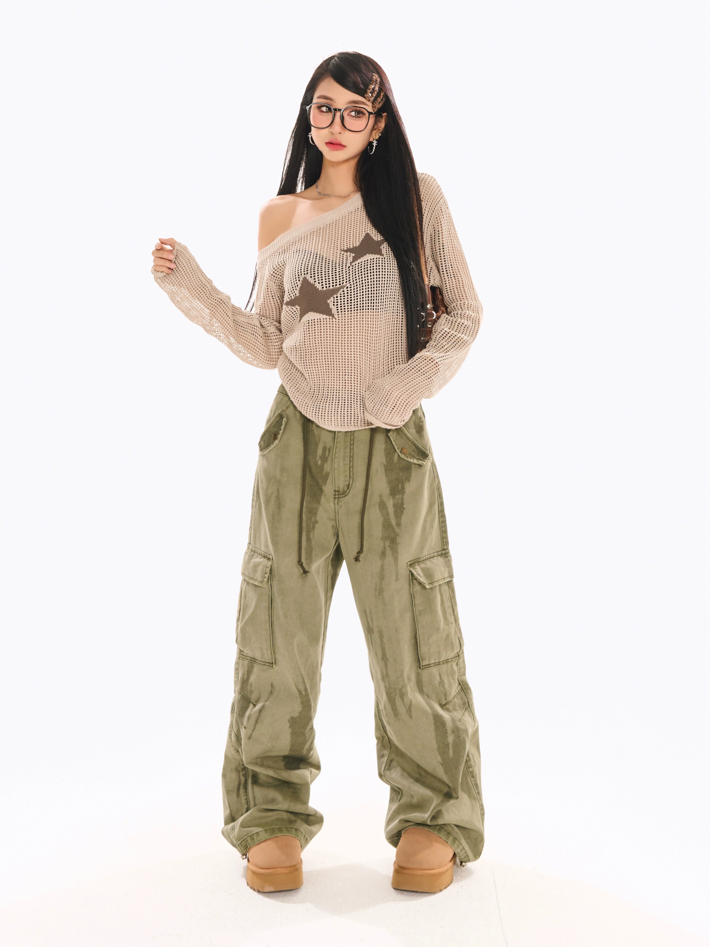 野生zerocircle卡其绿色工装裤女春美式宽松阔腿直筒休闲扎染裤子