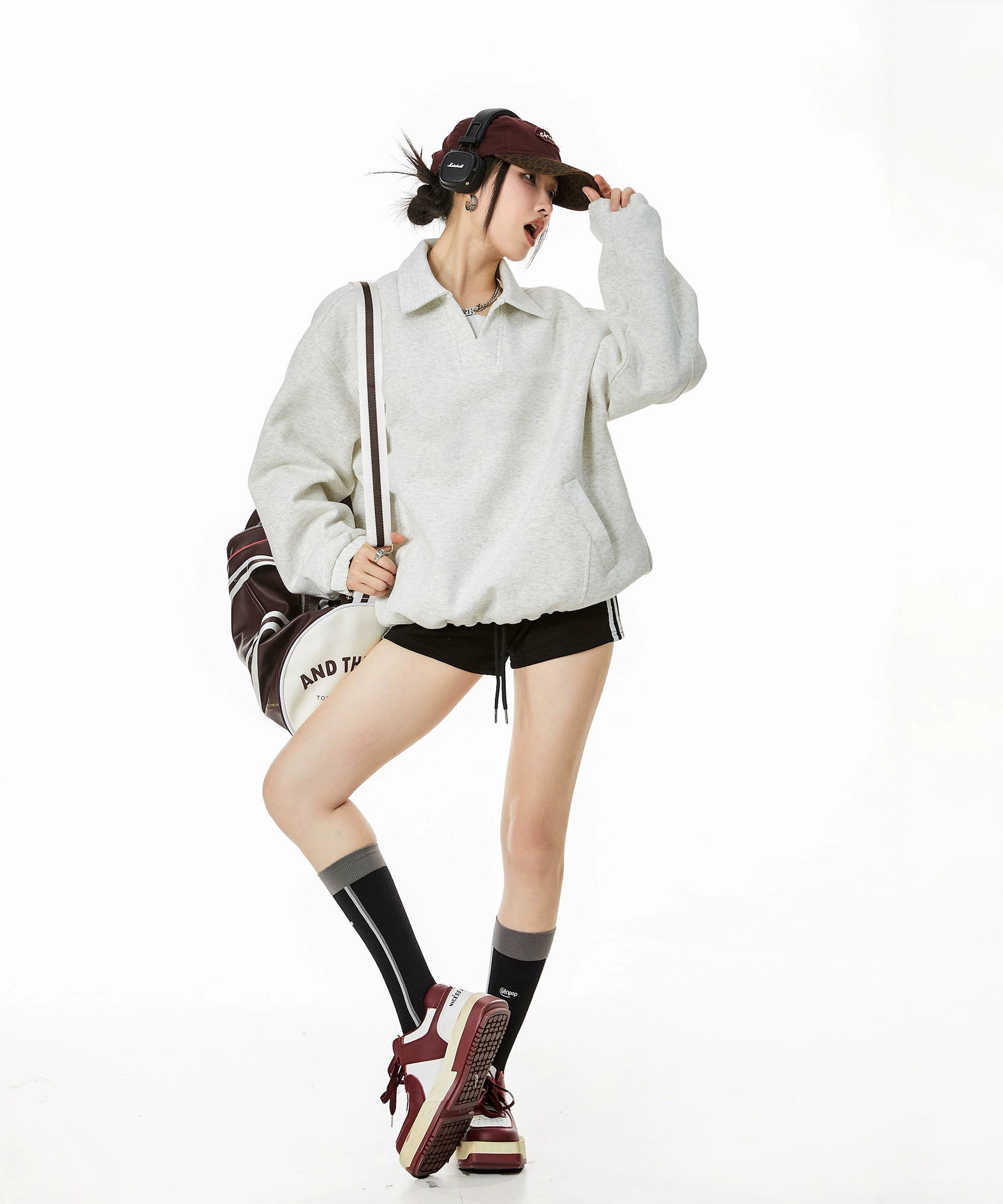 ICH MODE 美式POLO领纯色卫衣2025年秋冬新款慵懒风宽松上衣女款