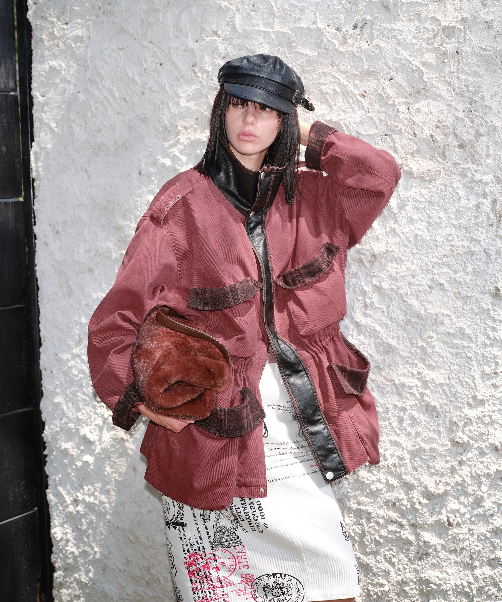 2th Desire街头辣妹美式复古缎面拼接字母印花中长款直筒半身裙