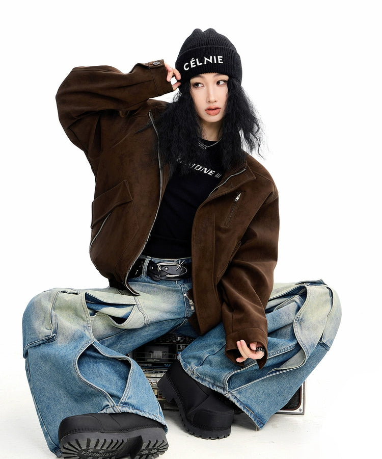 ICH MODE 美式复古工装立领短外套女秋冬新款飞行员夹克宽松上衣