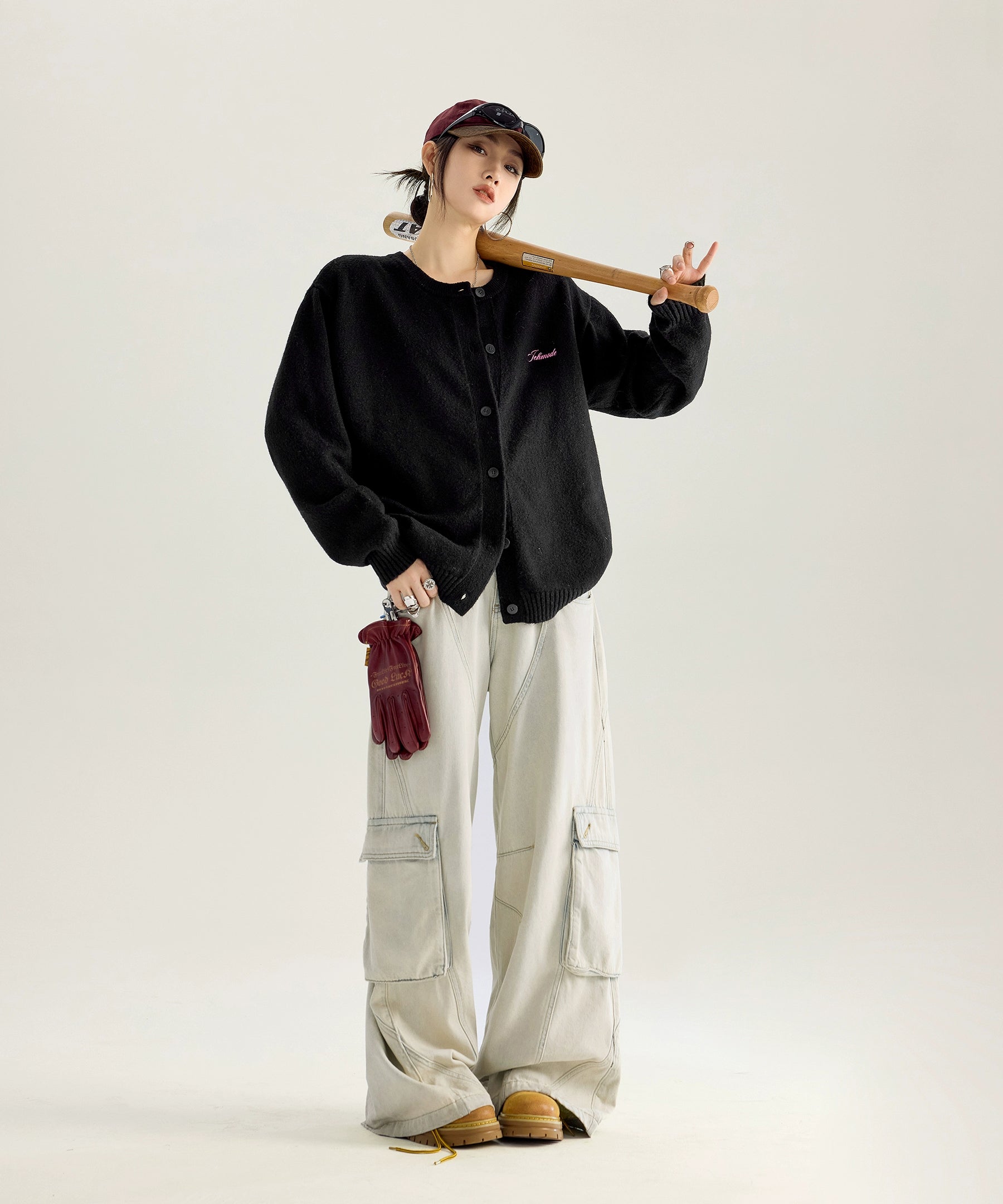 ICH MODE 美式复古珍珠刺绣毛针织开衫女秋冬季百搭休闲毛衣外套