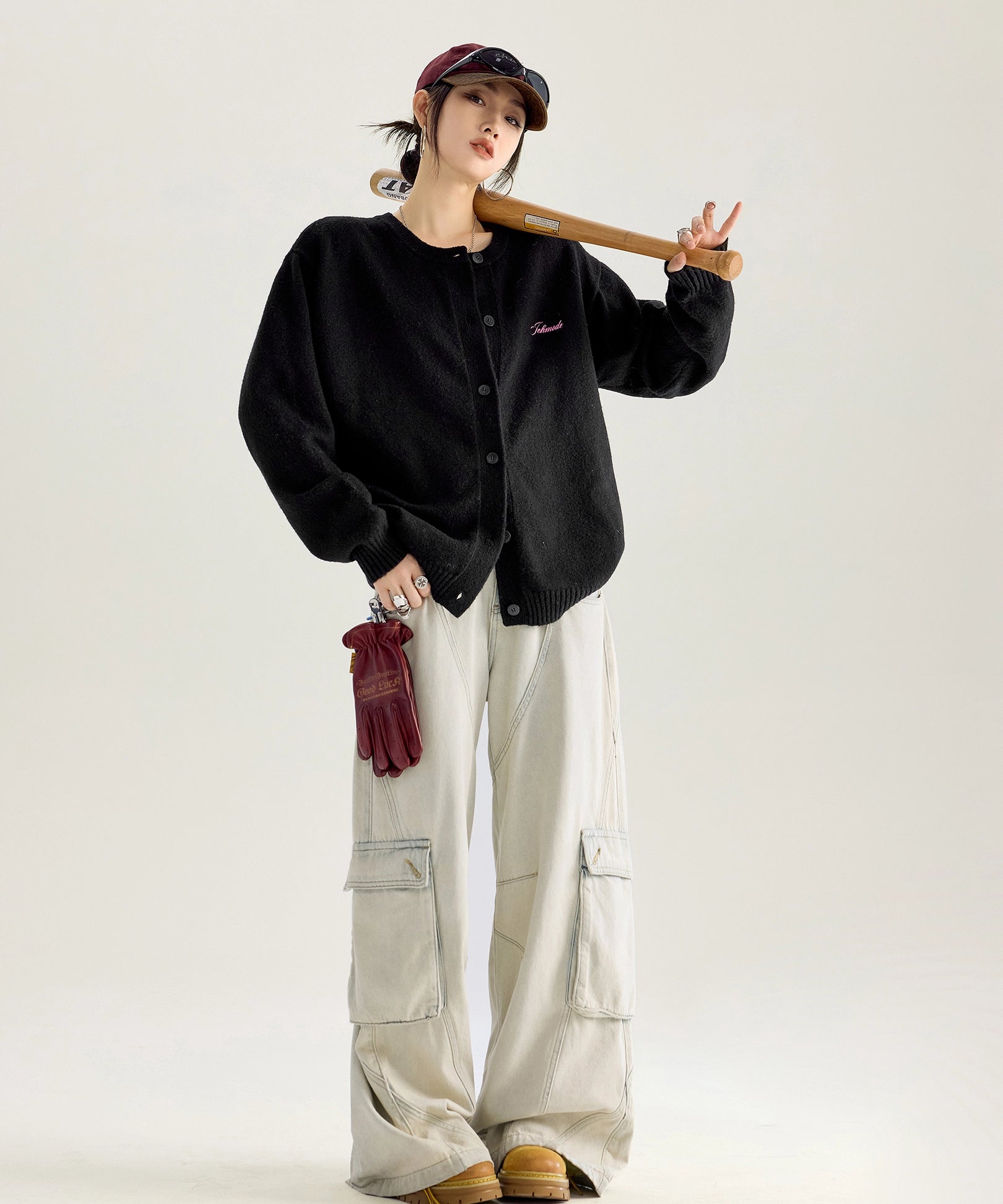 ICH MODE 美式复古珍珠刺绣毛针织开衫女秋冬季百搭休闲毛衣外套