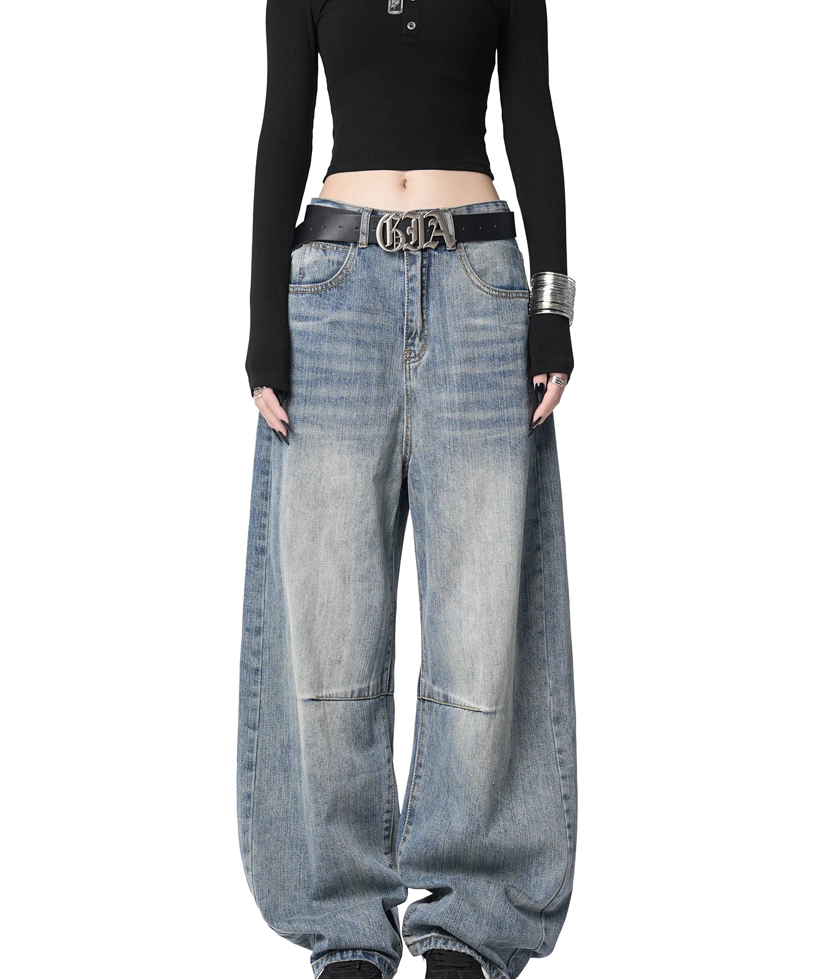 ICH MODE 美式复古水洗牛仔裤女休闲宽松直筒裤弯刀阔腿裤运动裤
