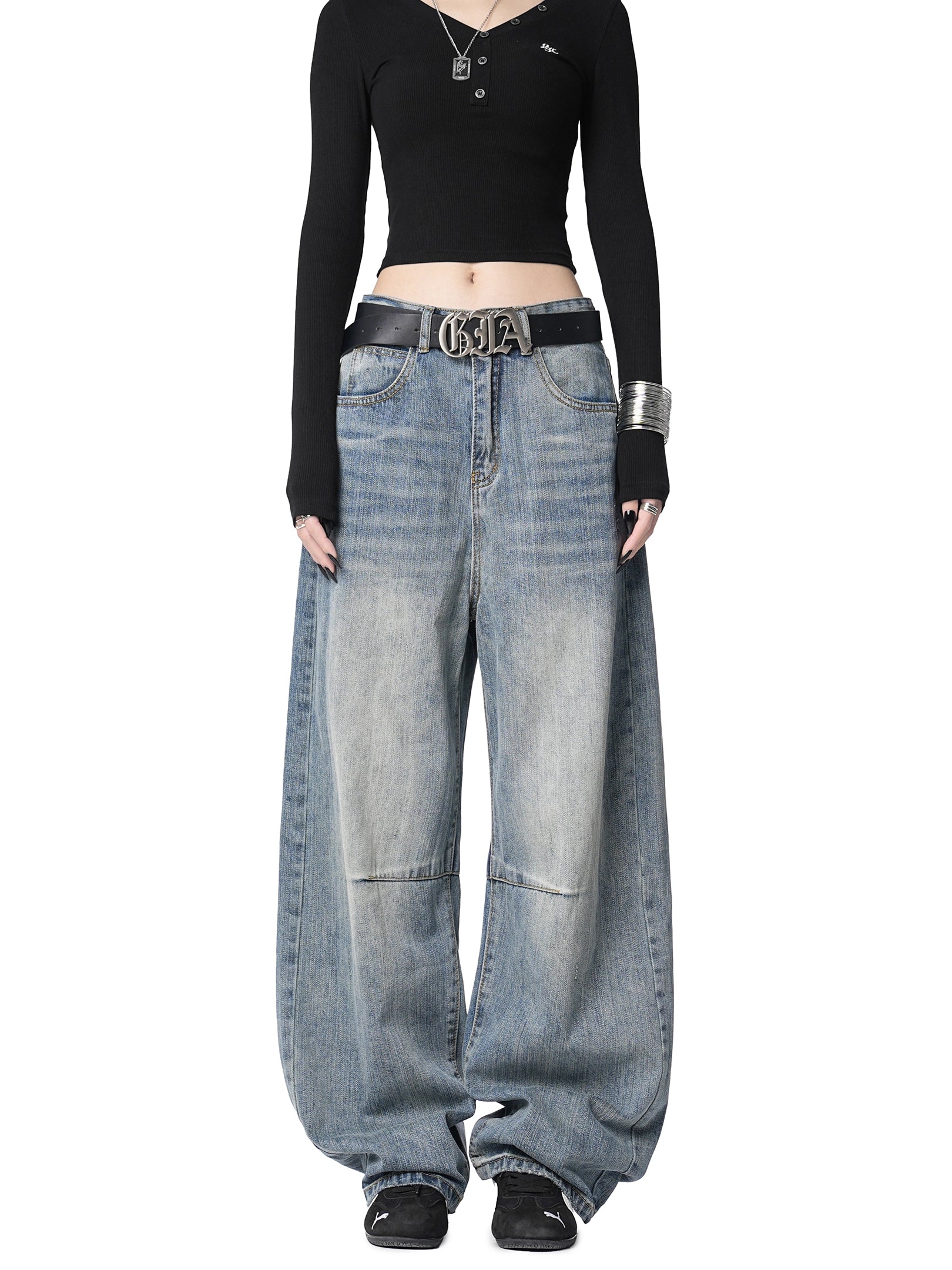 ICH MODE 美式复古水洗牛仔裤女休闲宽松直筒裤弯刀阔腿裤运动裤