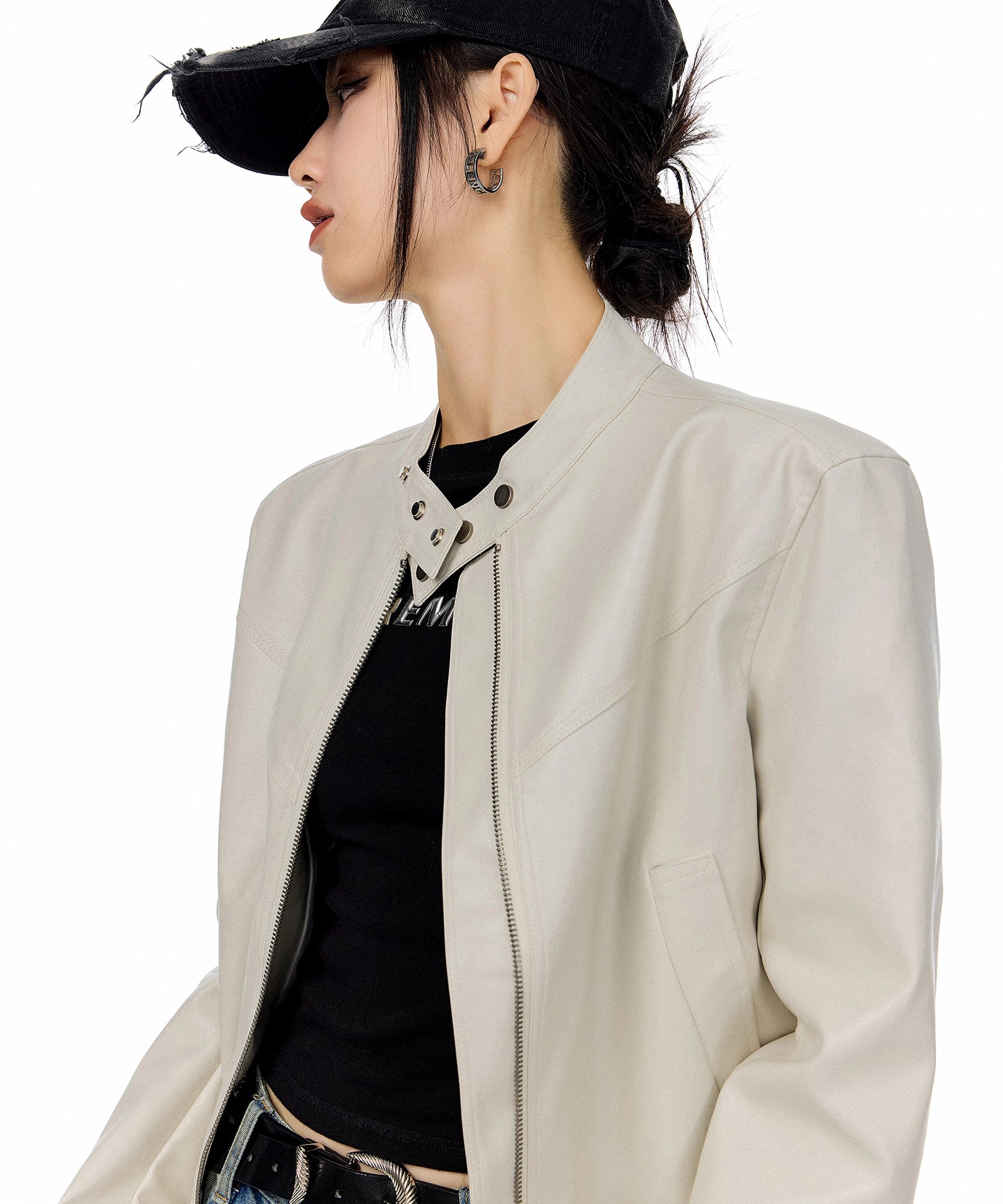 ICH MODE 美式复古棕色立领皮衣外套女秋冬新款机车皮夹克短上衣