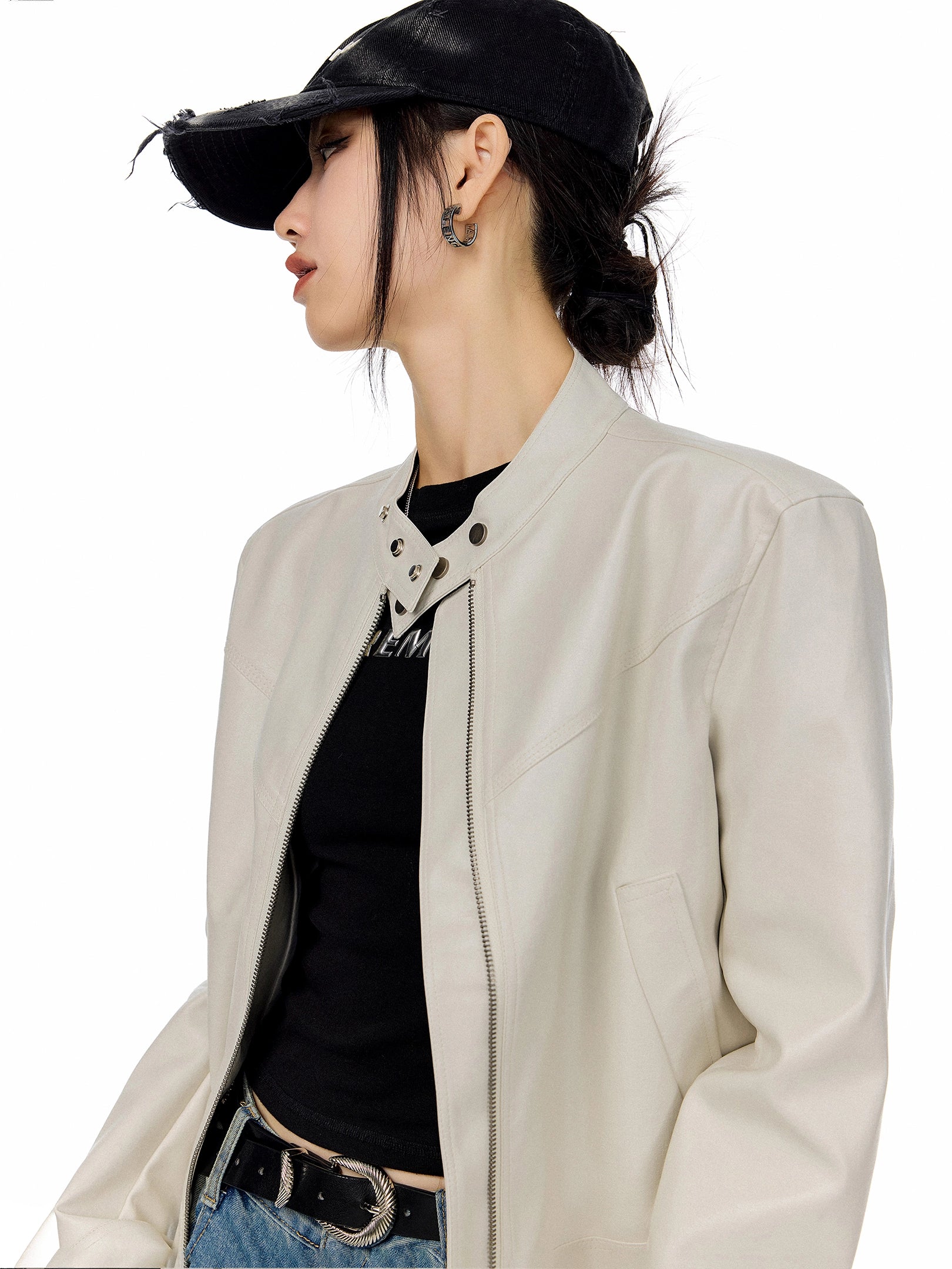 ICH MODE 美式复古棕色立领皮衣外套女秋冬新款机车皮夹克短上衣