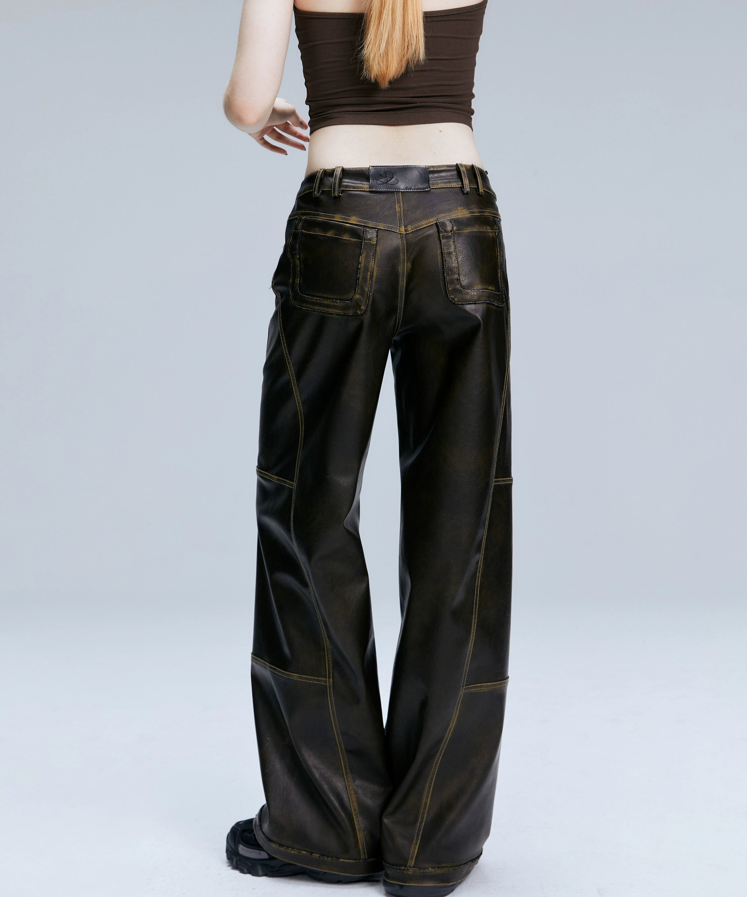 2th Desire原创复古棕色宽松百搭直筒裤子美式长裤低腰pu皮裤女