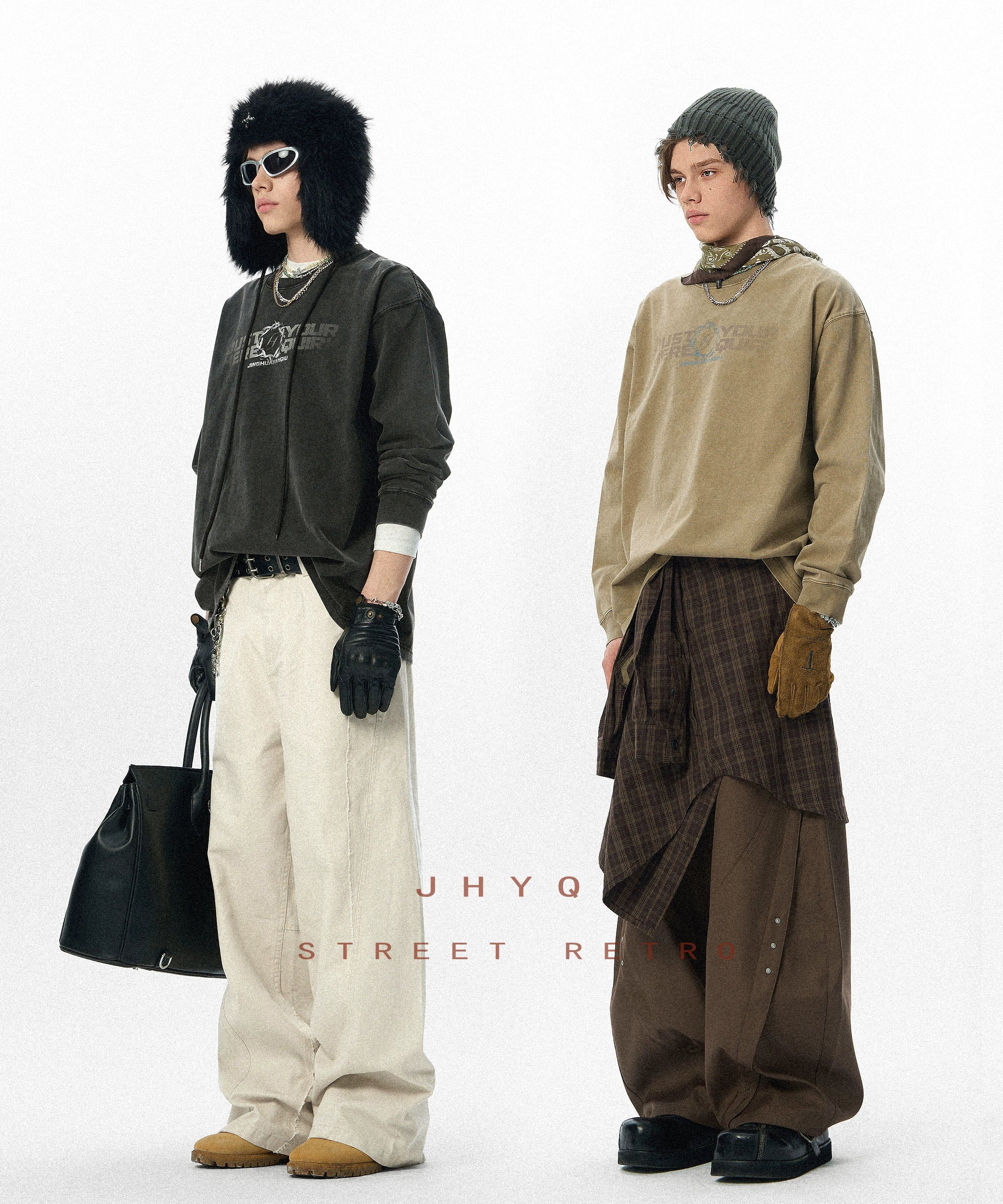 水洗系列丨JHYQ美式字母荆棘印花320gT恤男重磅圆领复古做旧卫衣