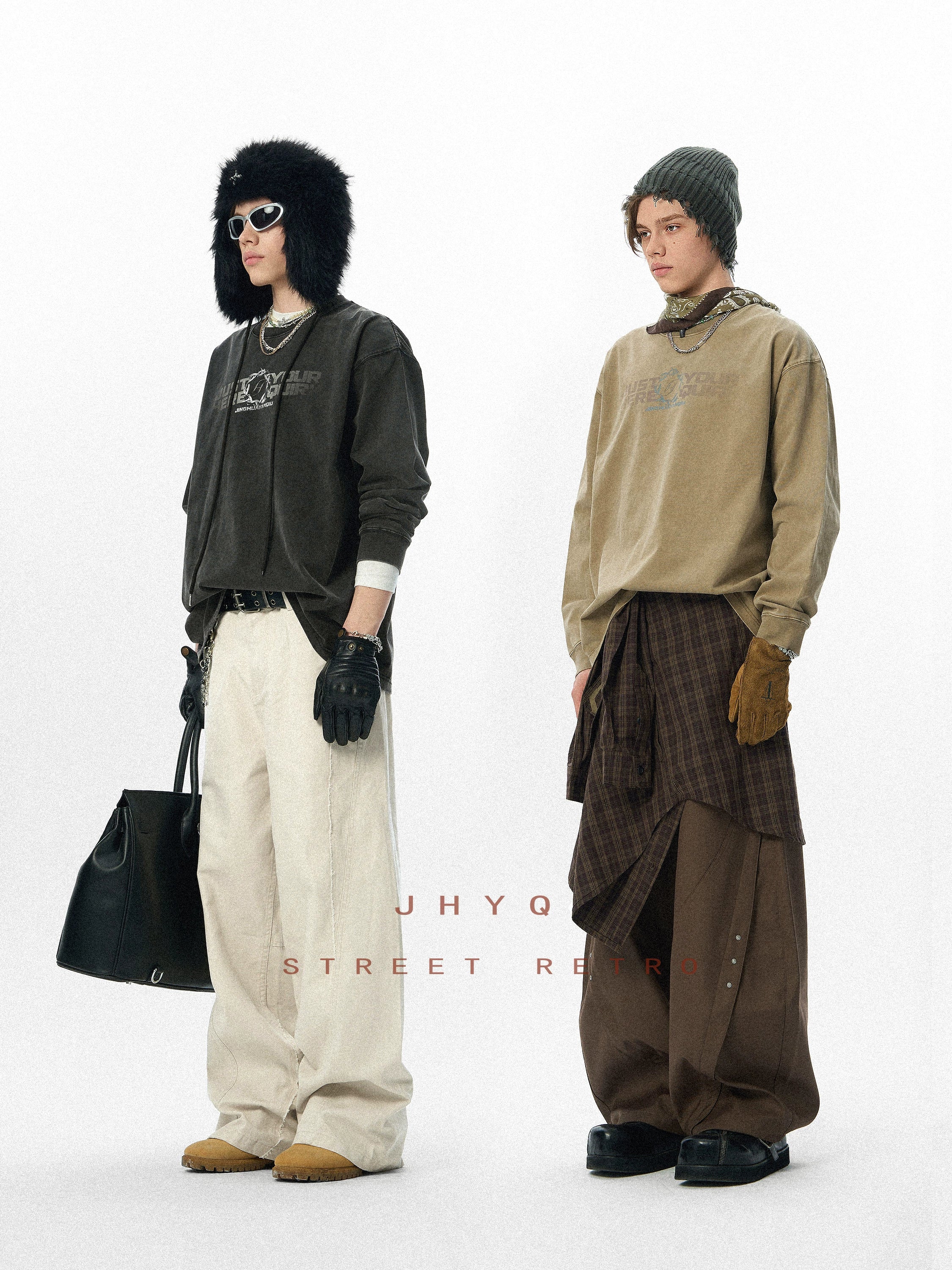 水洗系列丨JHYQ美式字母荆棘印花320gT恤男重磅圆领复古做旧卫衣