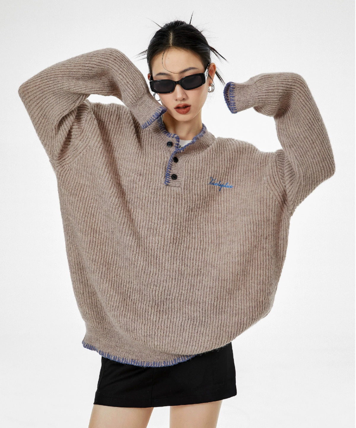 ICH MODE 美式复古亨利领毛衣女2025新款冬季宽松慵懒风针织上衣