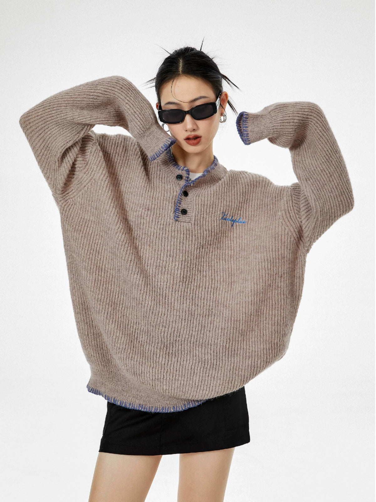 ICH MODE 美式复古亨利领毛衣女2025新款冬季宽松慵懒风针织上衣