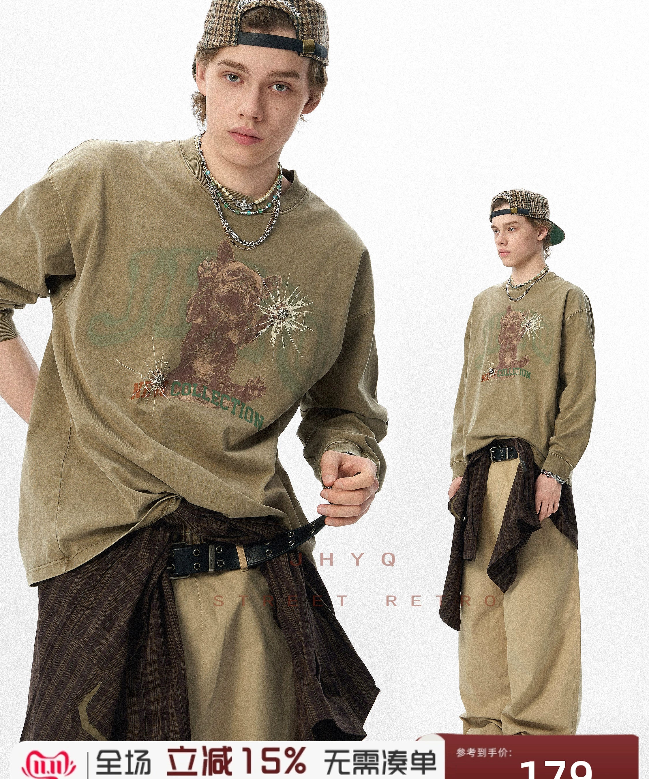 法斗犬丨JHYQ美式复古秋季水洗重磅320G长袖T恤男情侣印花卫衣衫