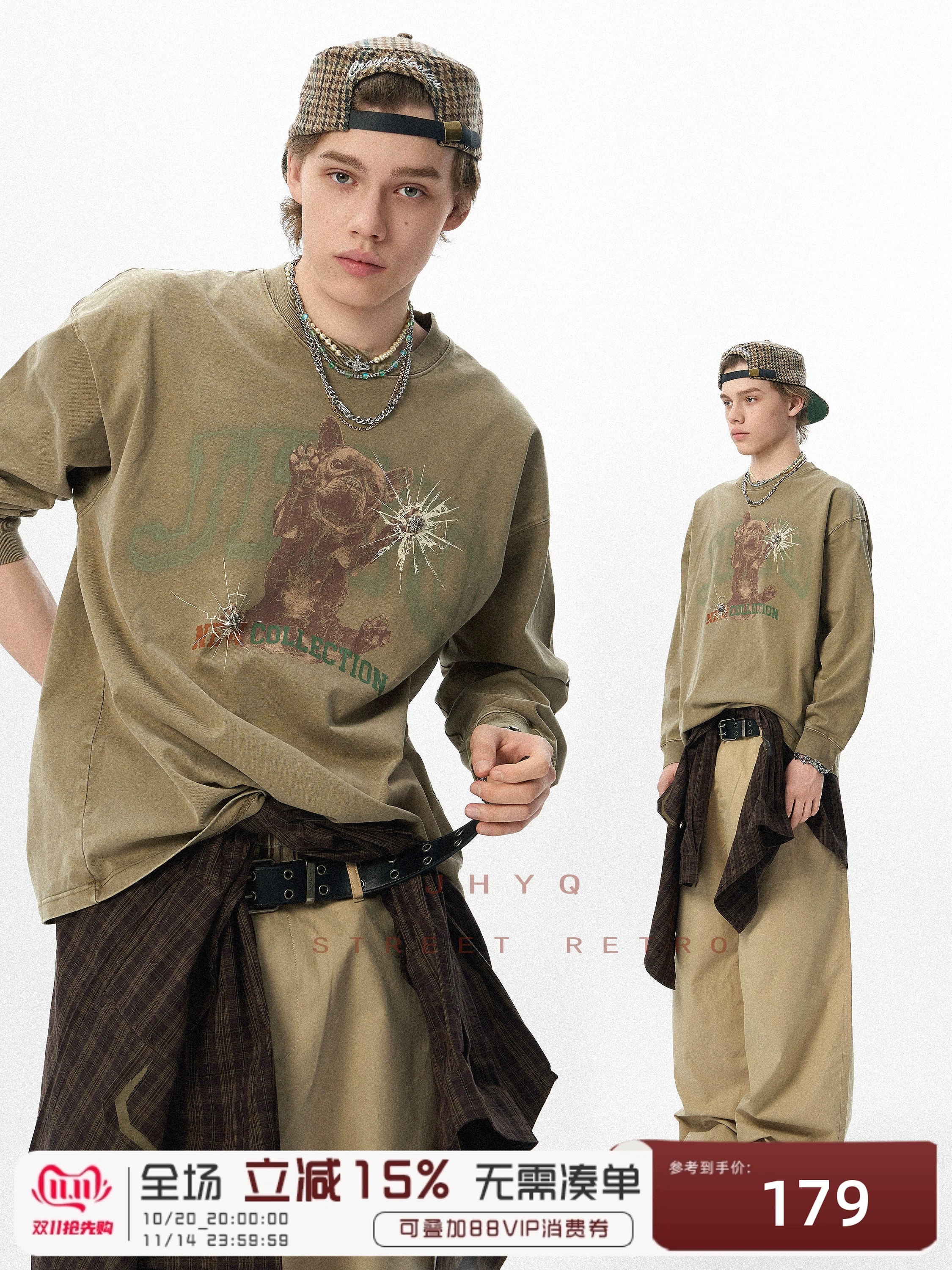 法斗犬丨JHYQ美式复古秋季水洗重磅320G长袖T恤男情侣印花卫衣衫