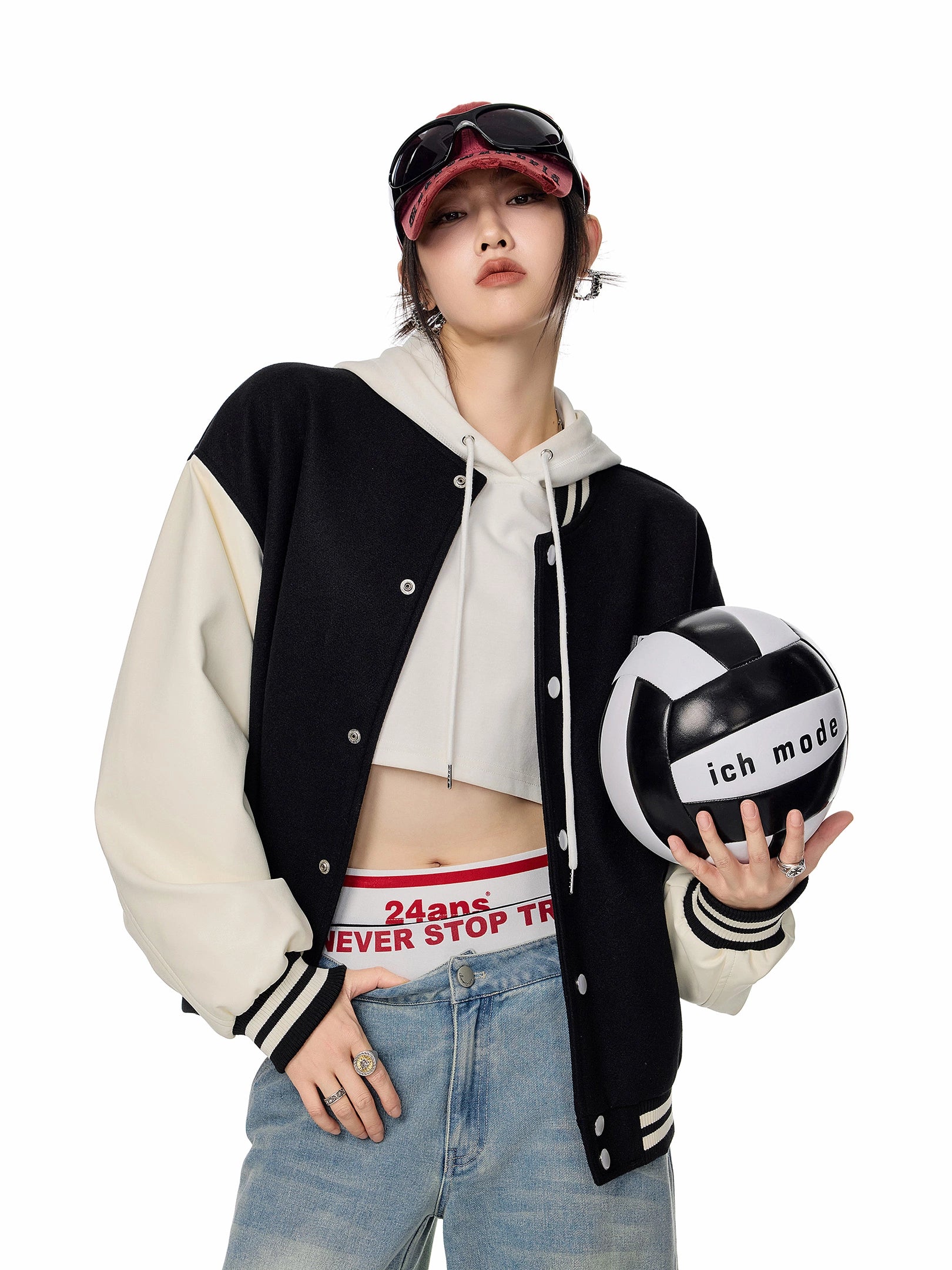 ICH MODE 美式复古红色棒球服外套女秋冬季新款运动夹克开衫上衣