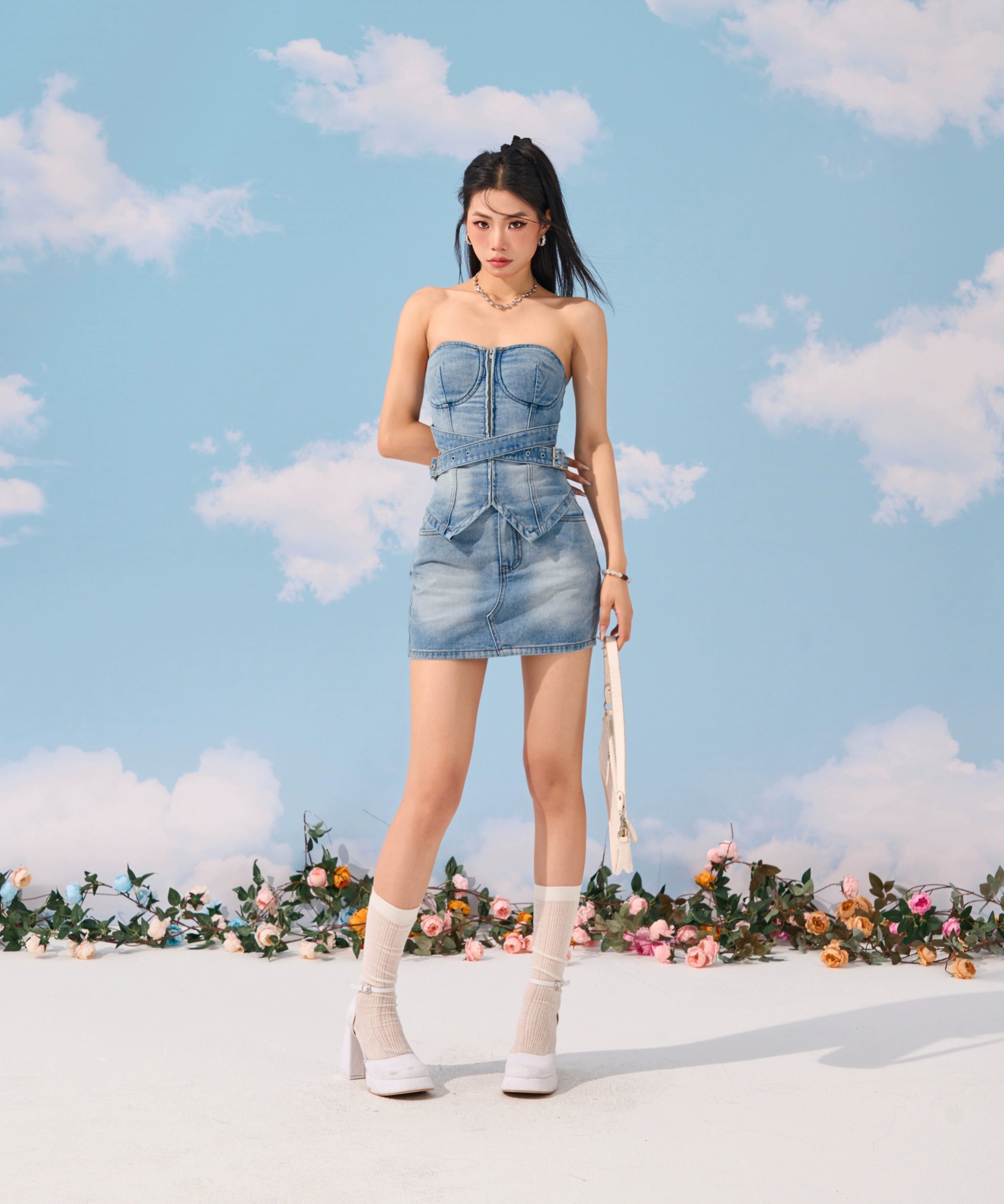 野生zerocircle 牛仔抹胸套装女夏abg辣妹高腰显瘦包臀半身短裙子