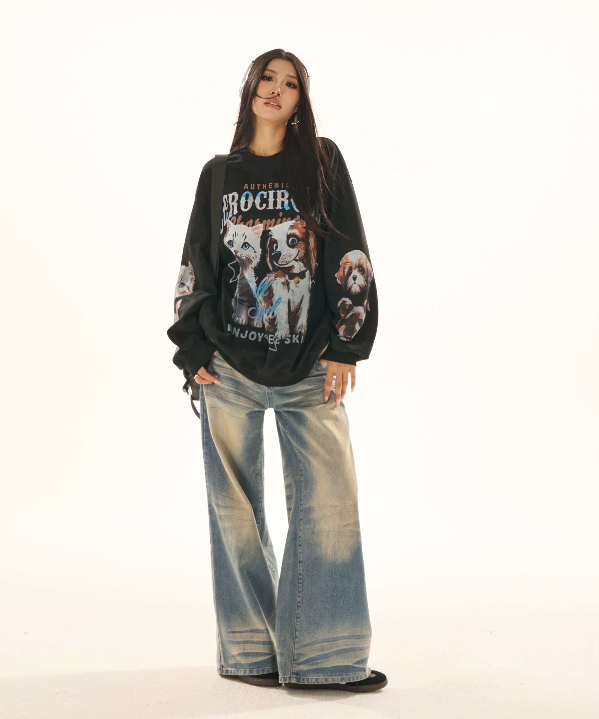 野生zerocircle黑色情侣印花圆领卫衣女春季小众韩版宽松显瘦上衣