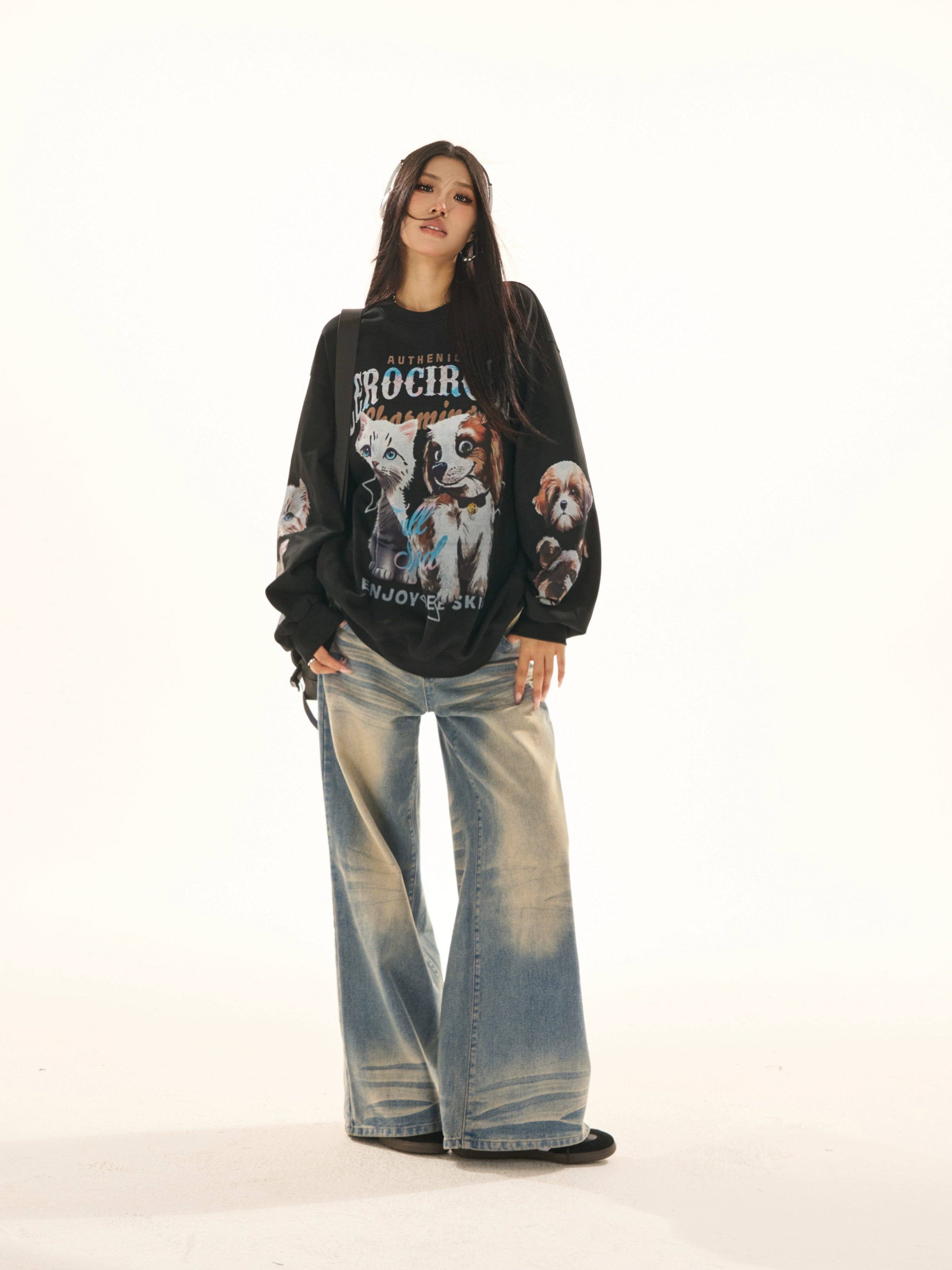 野生zerocircle黑色情侣印花圆领卫衣女春季小众韩版宽松显瘦上衣