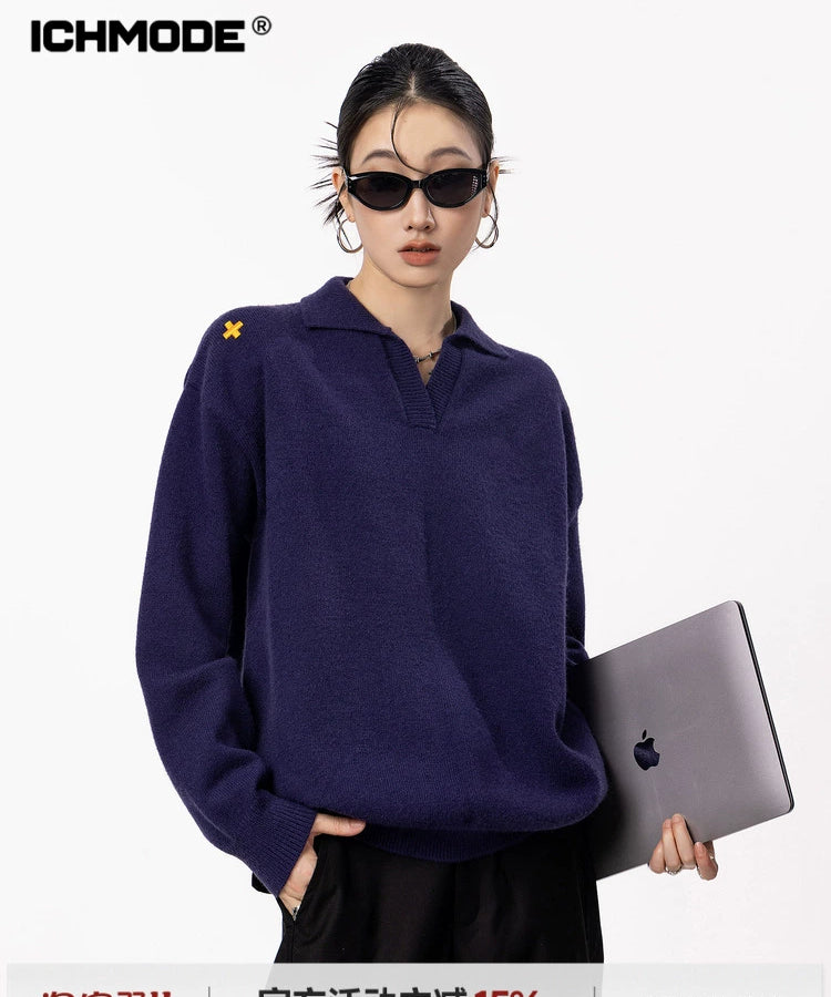 ICH MODE 美式V领套头毛衣外套女秋冬季新款休闲慵懒毛针织衫上衣