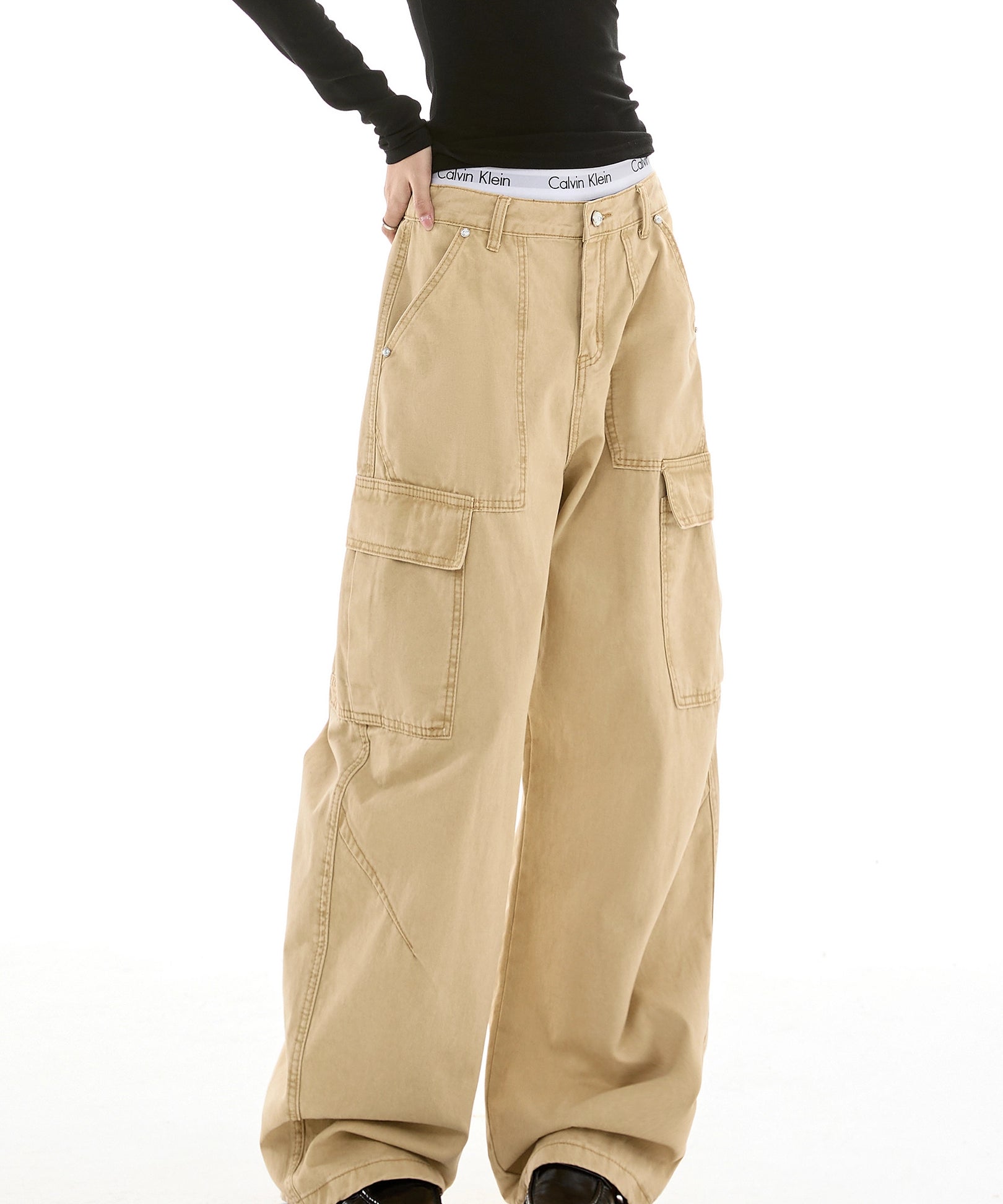 ICH MODE 美式复古拼接休闲裤女新款宽松直筒裤阔腿运动裤工装裤