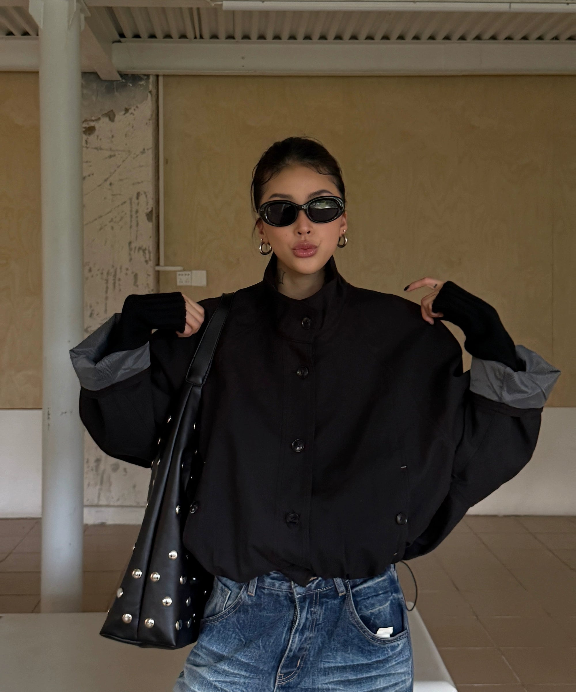 野生zero立领拼接风衣外套女秋季2025新款复古设计感宽松显瘦上衣