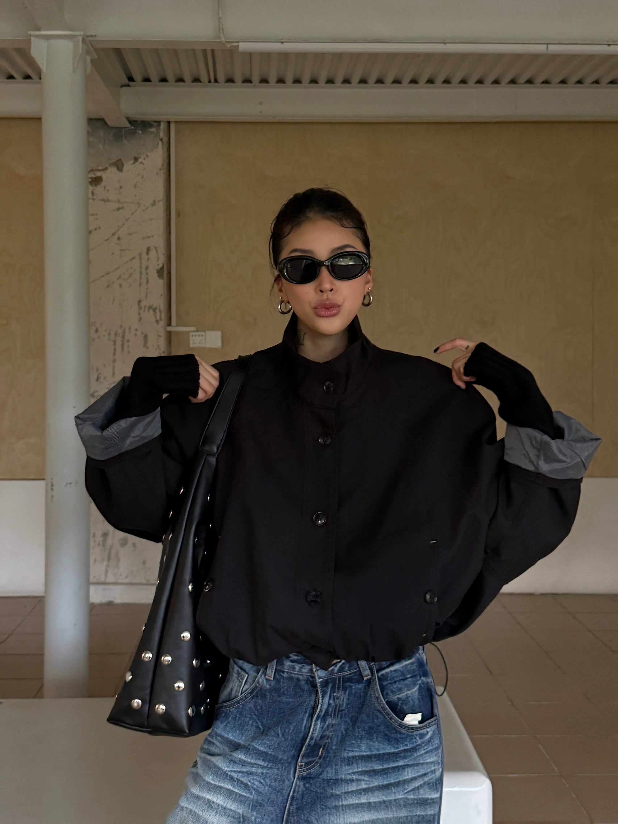 野生zero立领拼接风衣外套女秋季2025新款复古设计感宽松显瘦上衣