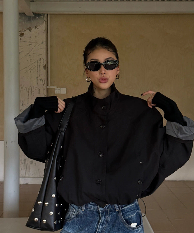野生zero立领拼接风衣外套女秋季2025新款复古设计感宽松显瘦上衣