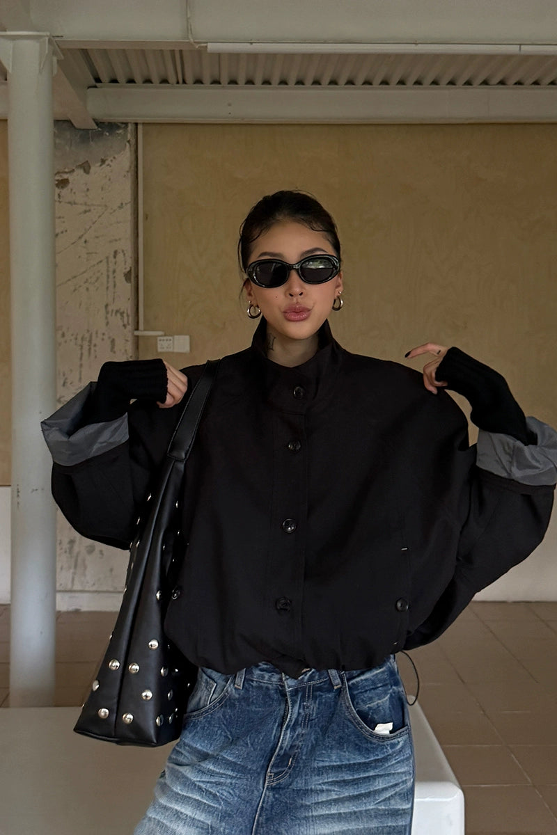 野生zero立领拼接风衣外套女秋季2025新款复古设计感宽松显瘦上衣