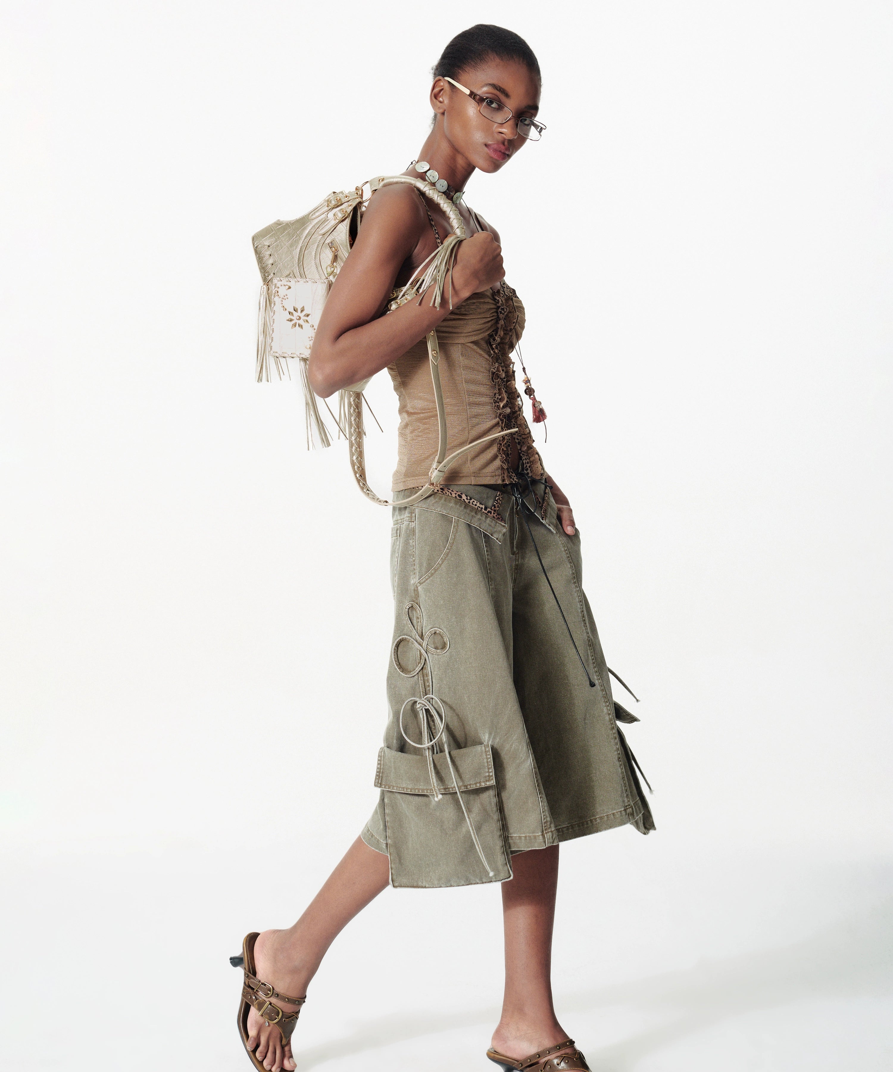 2th Desire复古解构洗水双腰头绑带豹纹撞色条工装感宽松中裤女