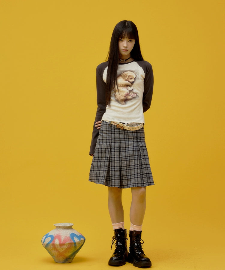 “瞌睡小狗”| eeee温柔风3D打印长袖T恤少女感修身插肩袖打底衫