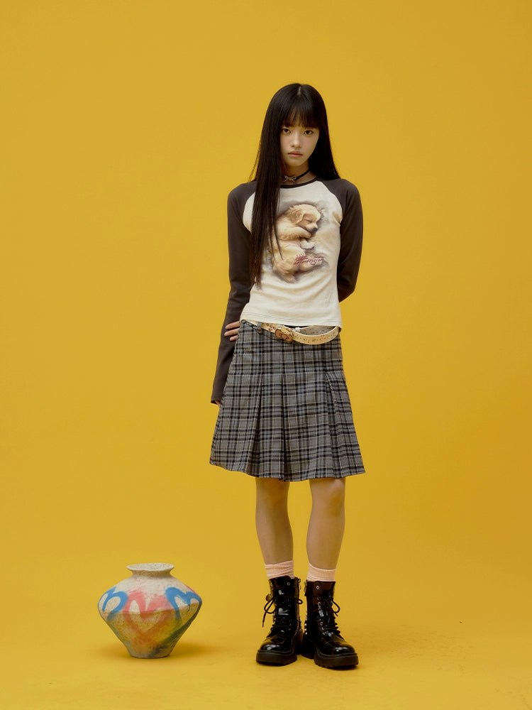 “瞌睡小狗”| eeee温柔风3D打印长袖T恤少女感修身插肩袖打底衫