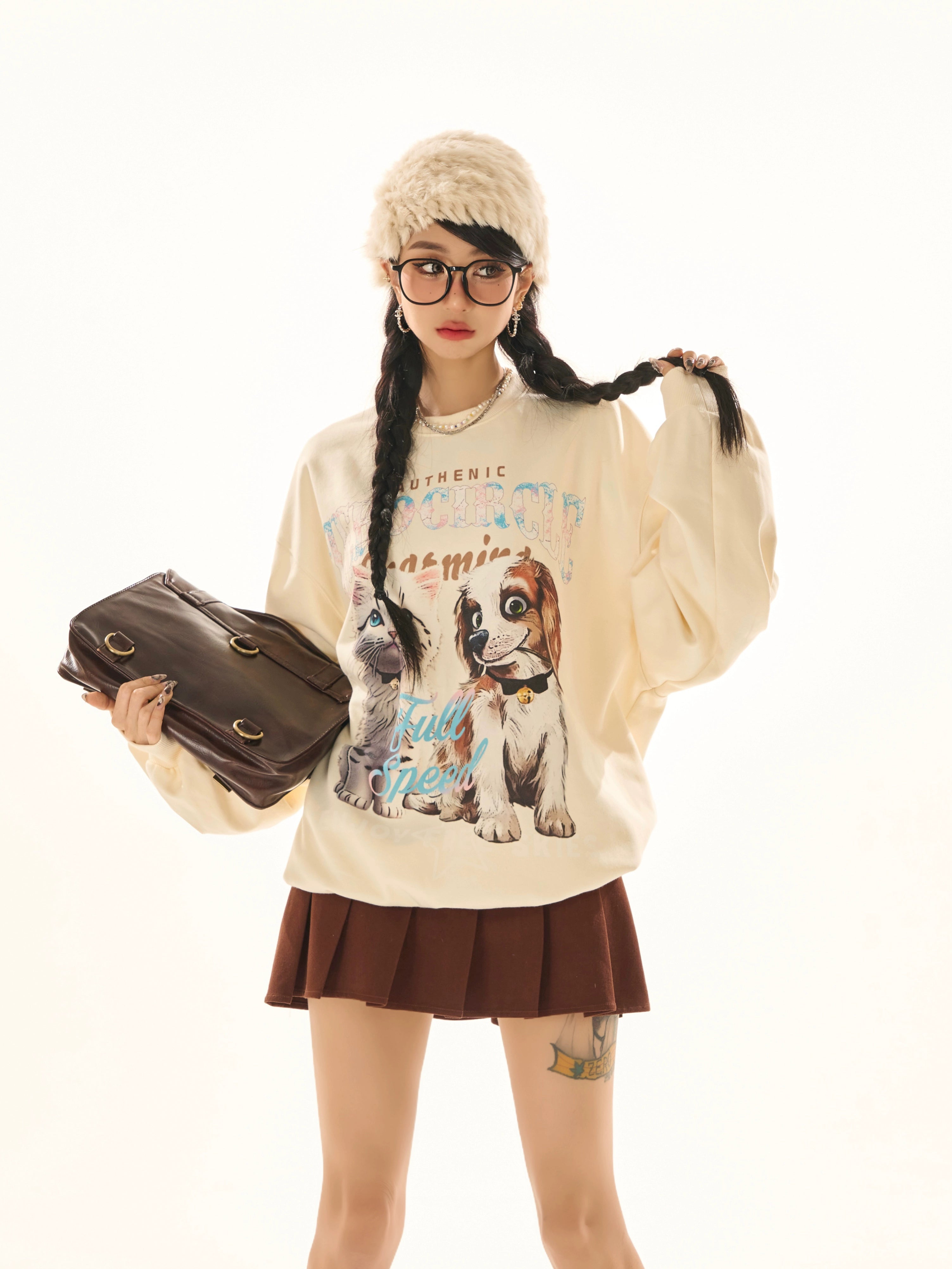 野生zerocircle黑色情侣印花圆领卫衣女春季小众韩版宽松显瘦上衣