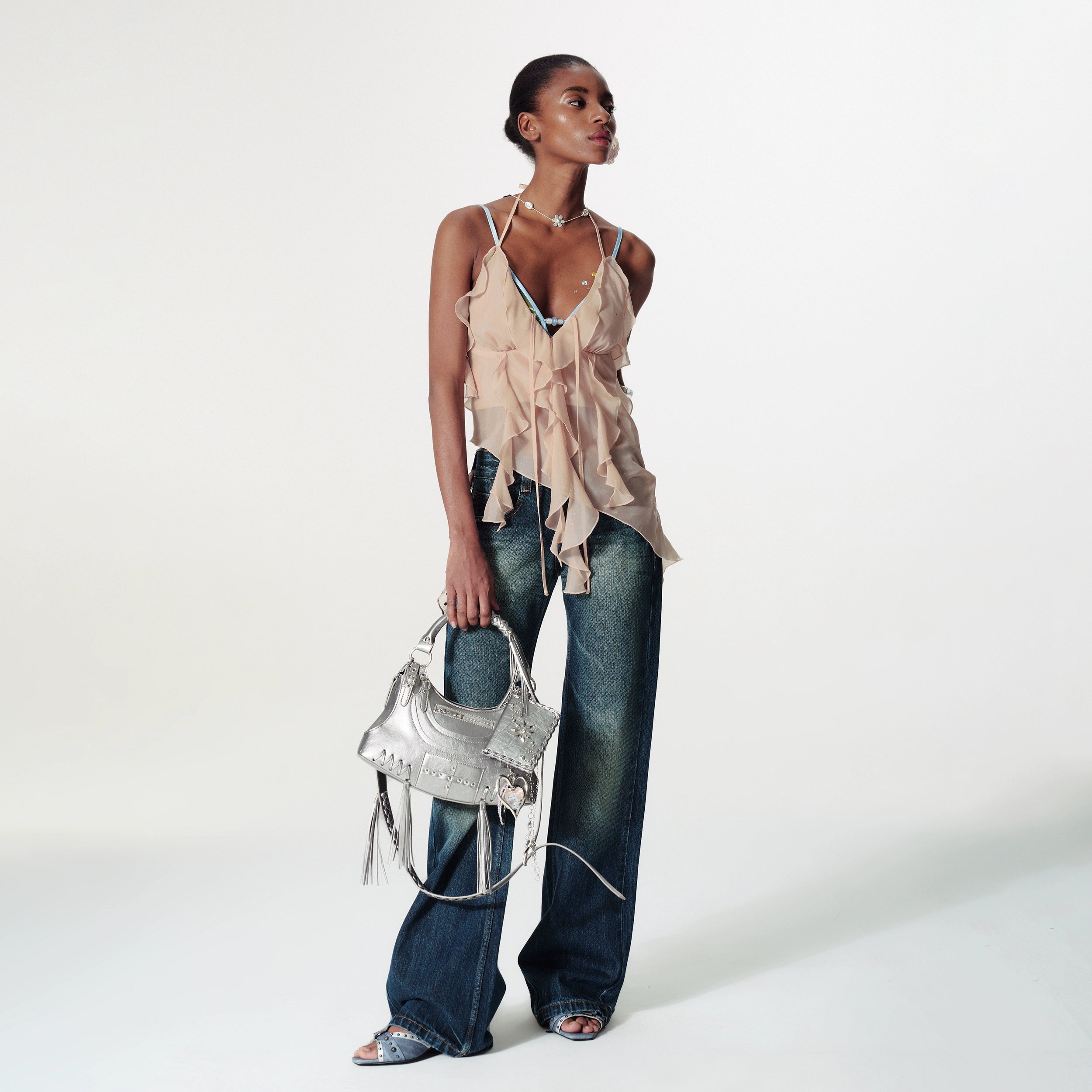 2th Desire格纹V领撒银不规则荷叶边露背挂脖吊带背心无袖上衣女