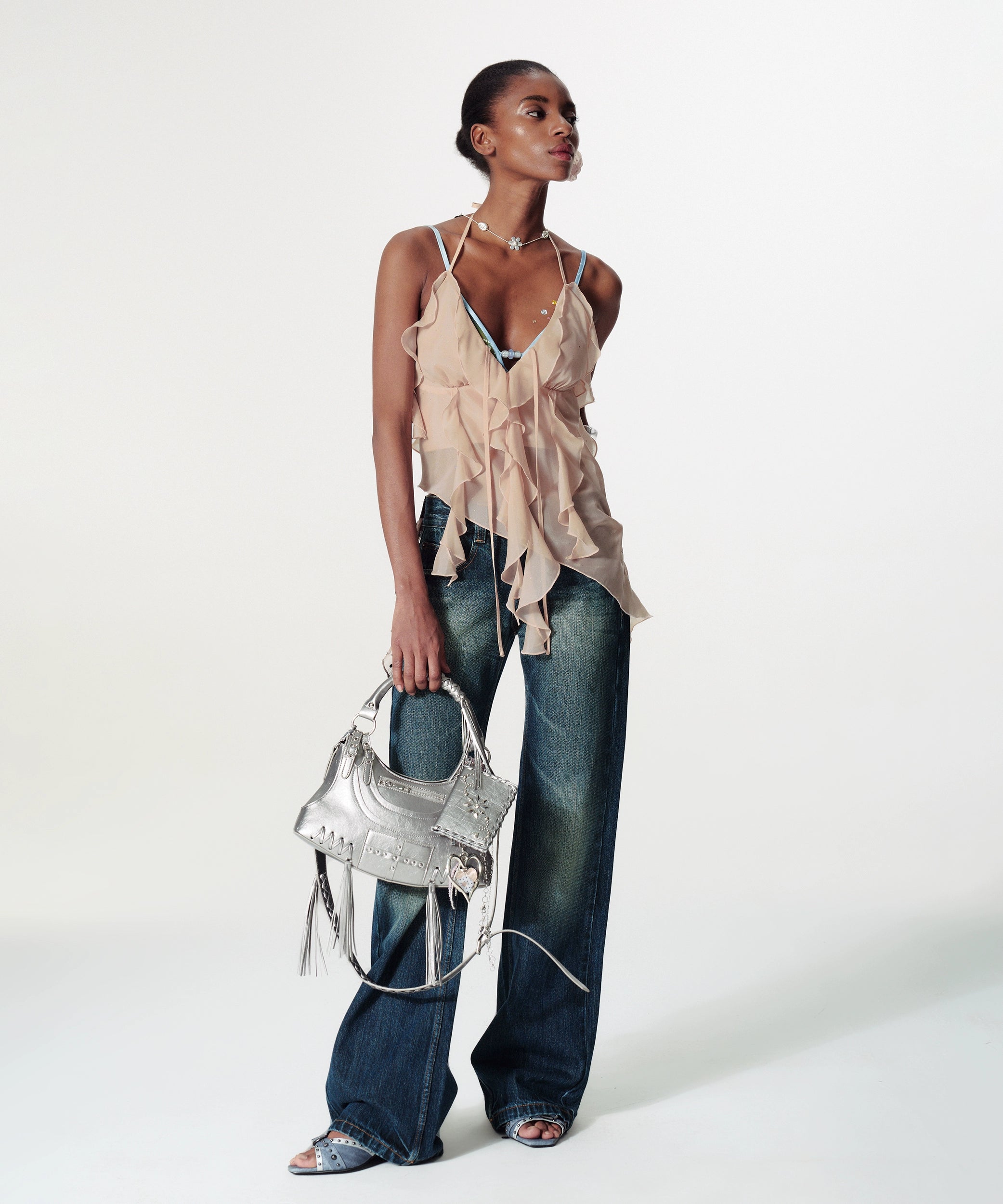 2th Desire格纹V领撒银不规则荷叶边露背挂脖吊带背心无袖上衣女