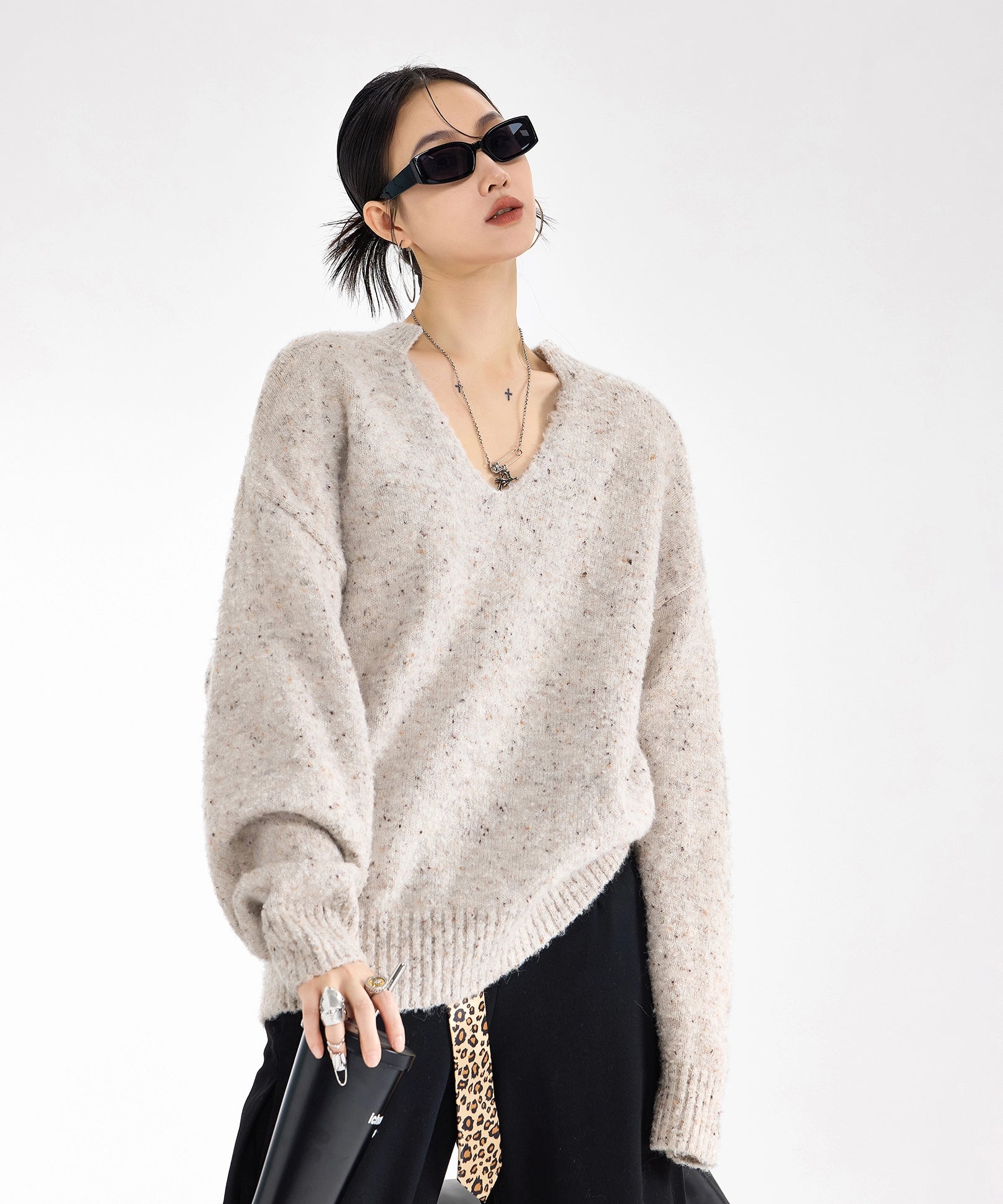 ICH MODE 美式复古V领套头毛衣女秋冬季慵懒宽松针织衫外套高级感