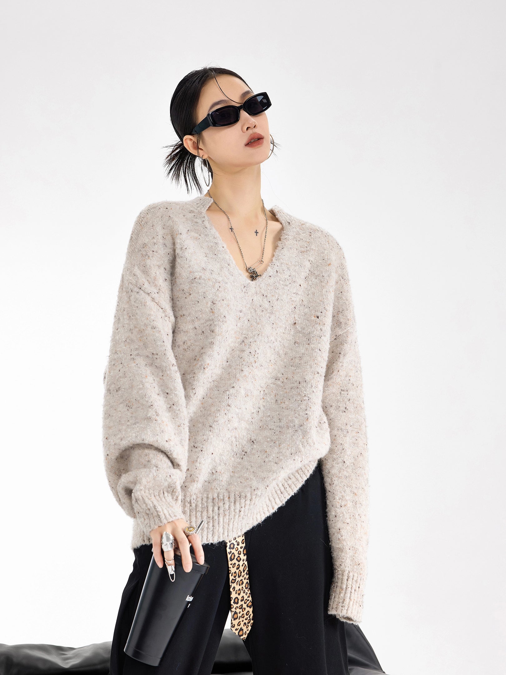 ICH MODE 美式复古V领套头毛衣女秋冬季慵懒宽松针织衫外套高级感