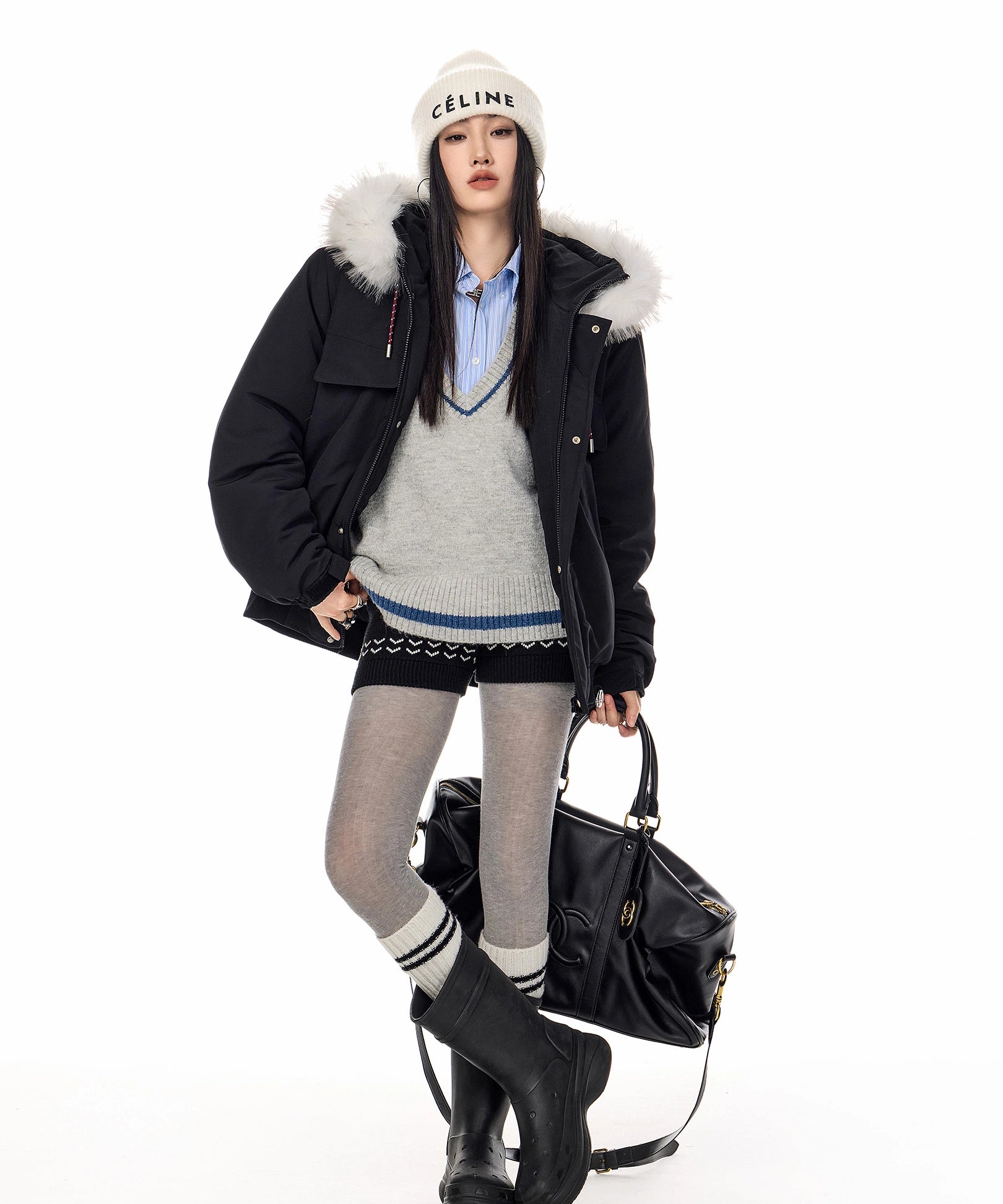 ICH MODE 美式复古毛领连帽棉服女2025新款冬季工装外套保暖棉衣