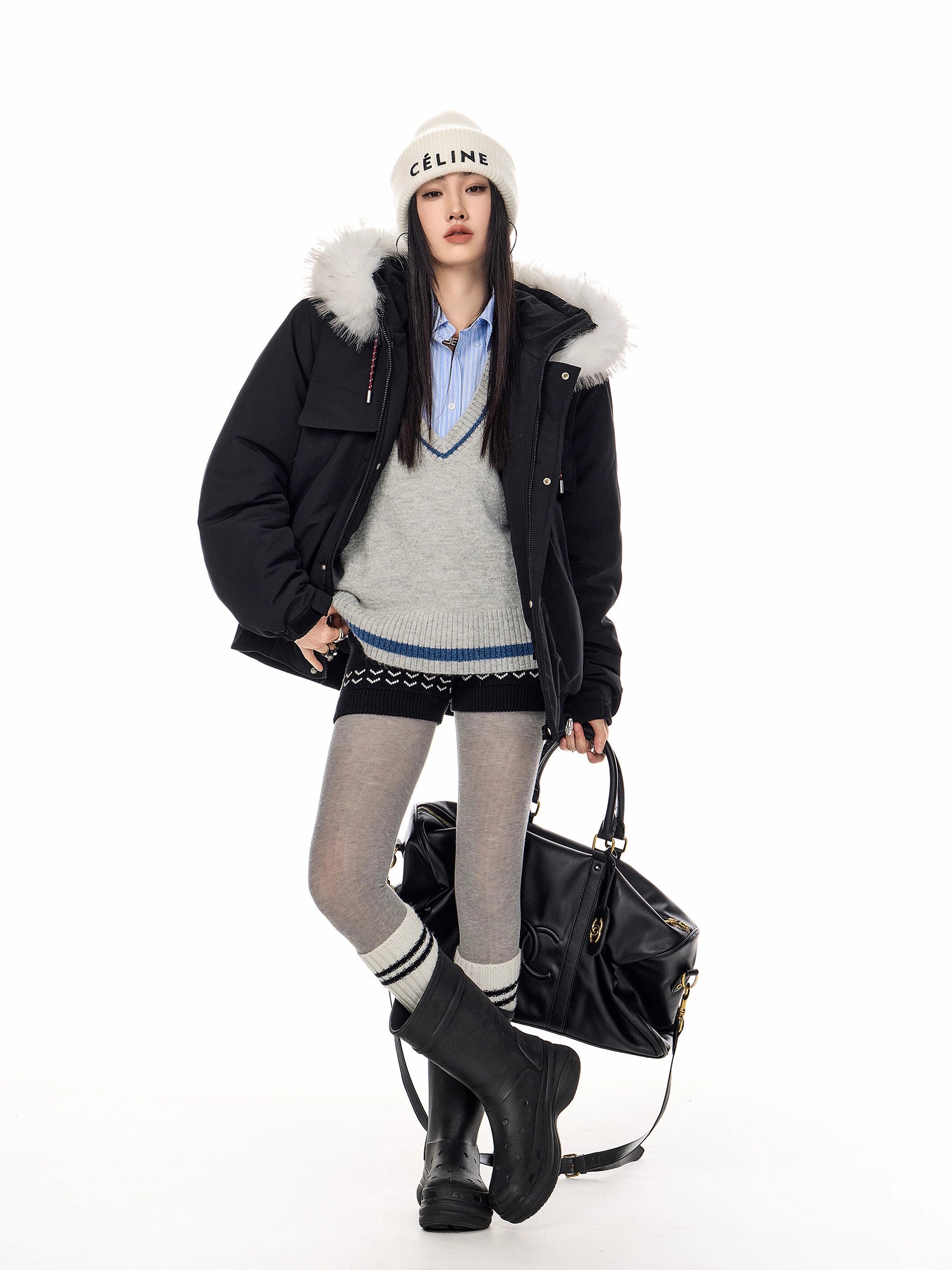 ICH MODE 美式复古毛领连帽棉服女2025新款冬季工装外套保暖棉衣