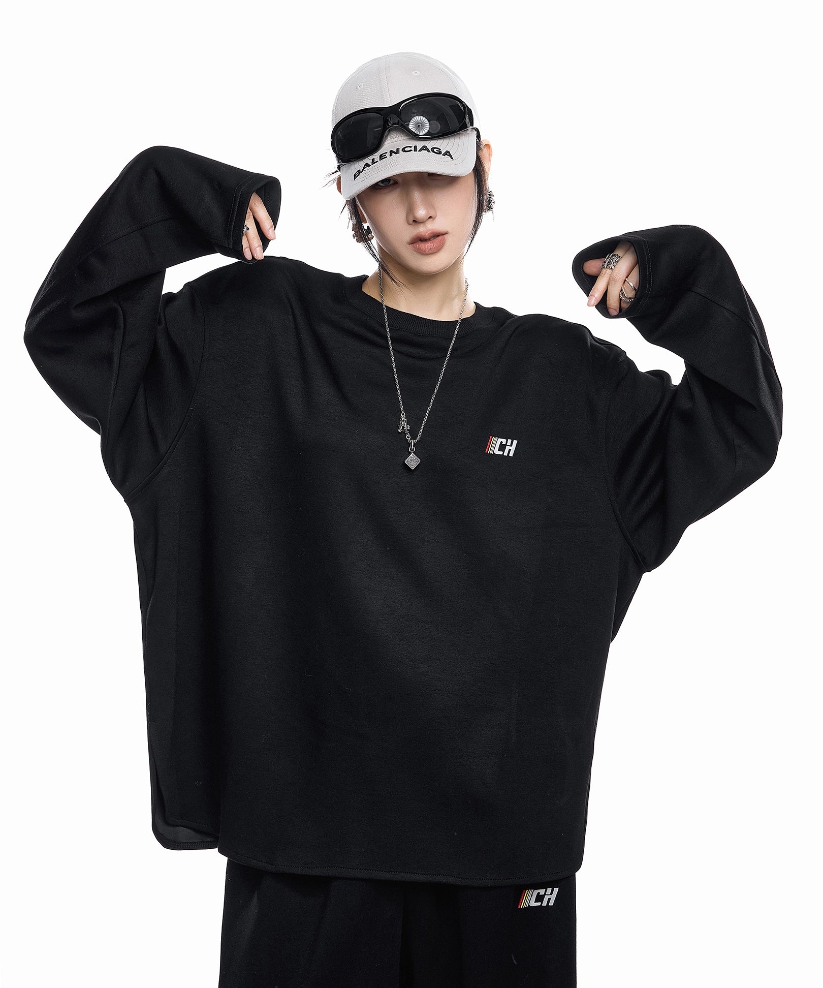 ICH MODE 美式刺绣灰色圆领卫衣女2025新款秋冬复古宽松套头上衣