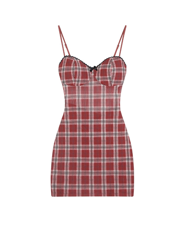 野生zero红色格子网纱吊带连衣裙女夏季季辣妹收腰修身包臀短裙子