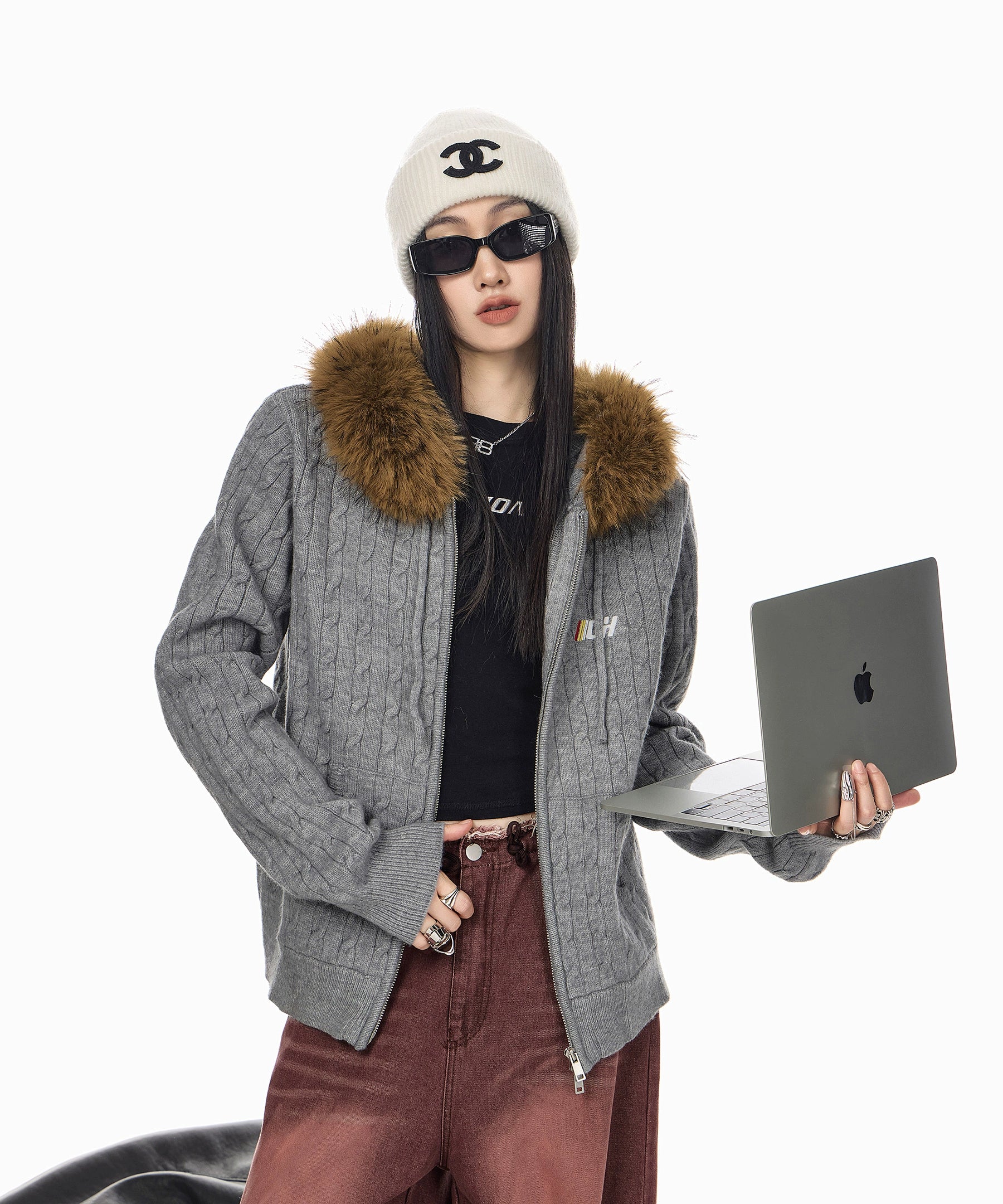 ICH MODE 美式复古刺绣毛领连帽针织开衫女秋冬休闲慵懒毛衣外套