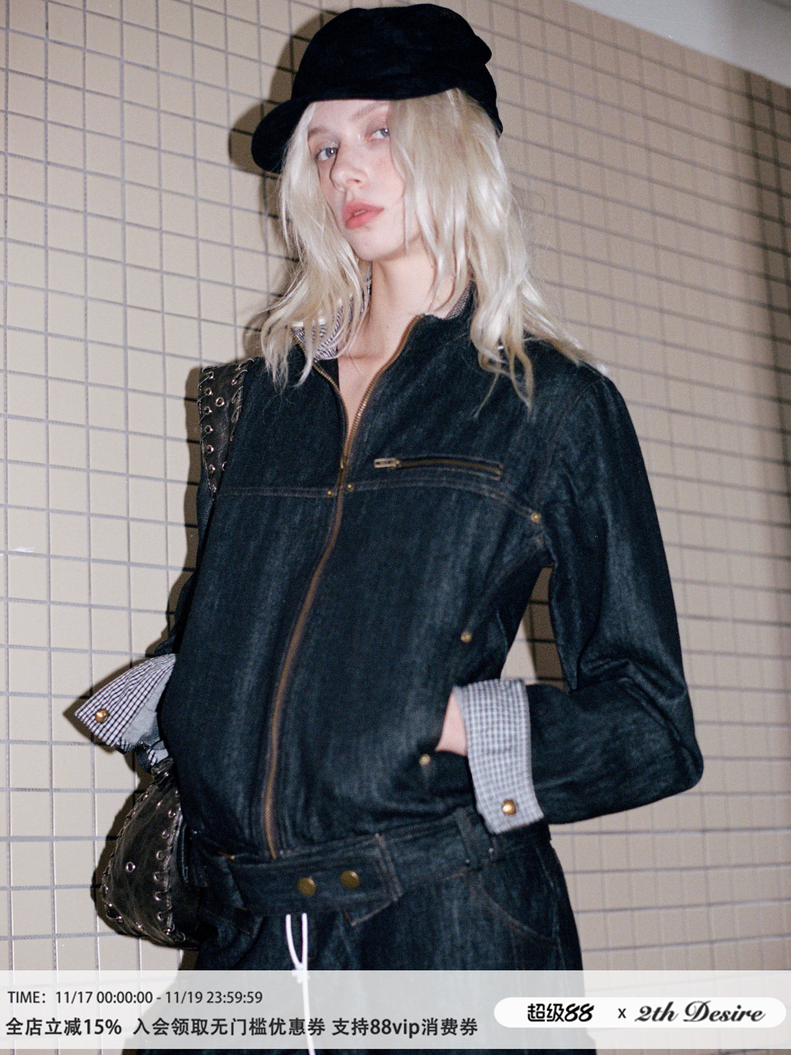 2th Desire复古立领撞色拼接工装机车夹克宽松廓形原牛牛仔外套女