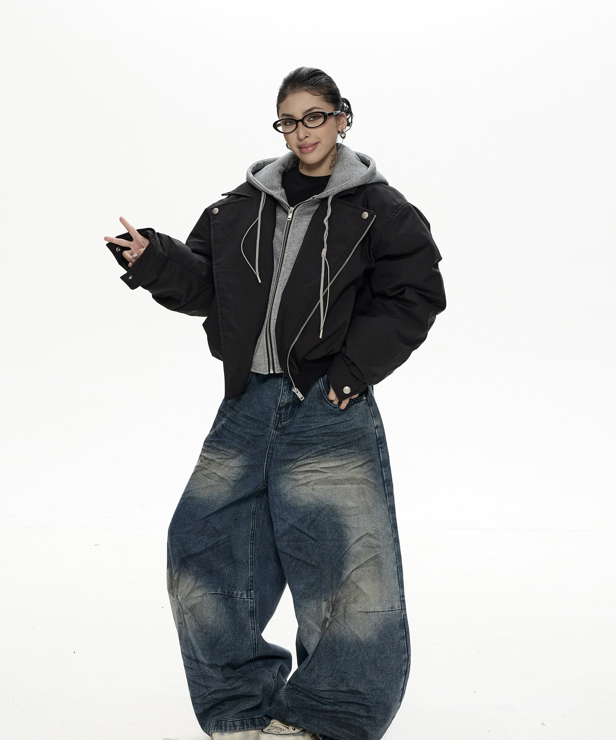 野生zero 假两件夹克棉服女秋冬新款设计感小众连帽宽松棉衣外套