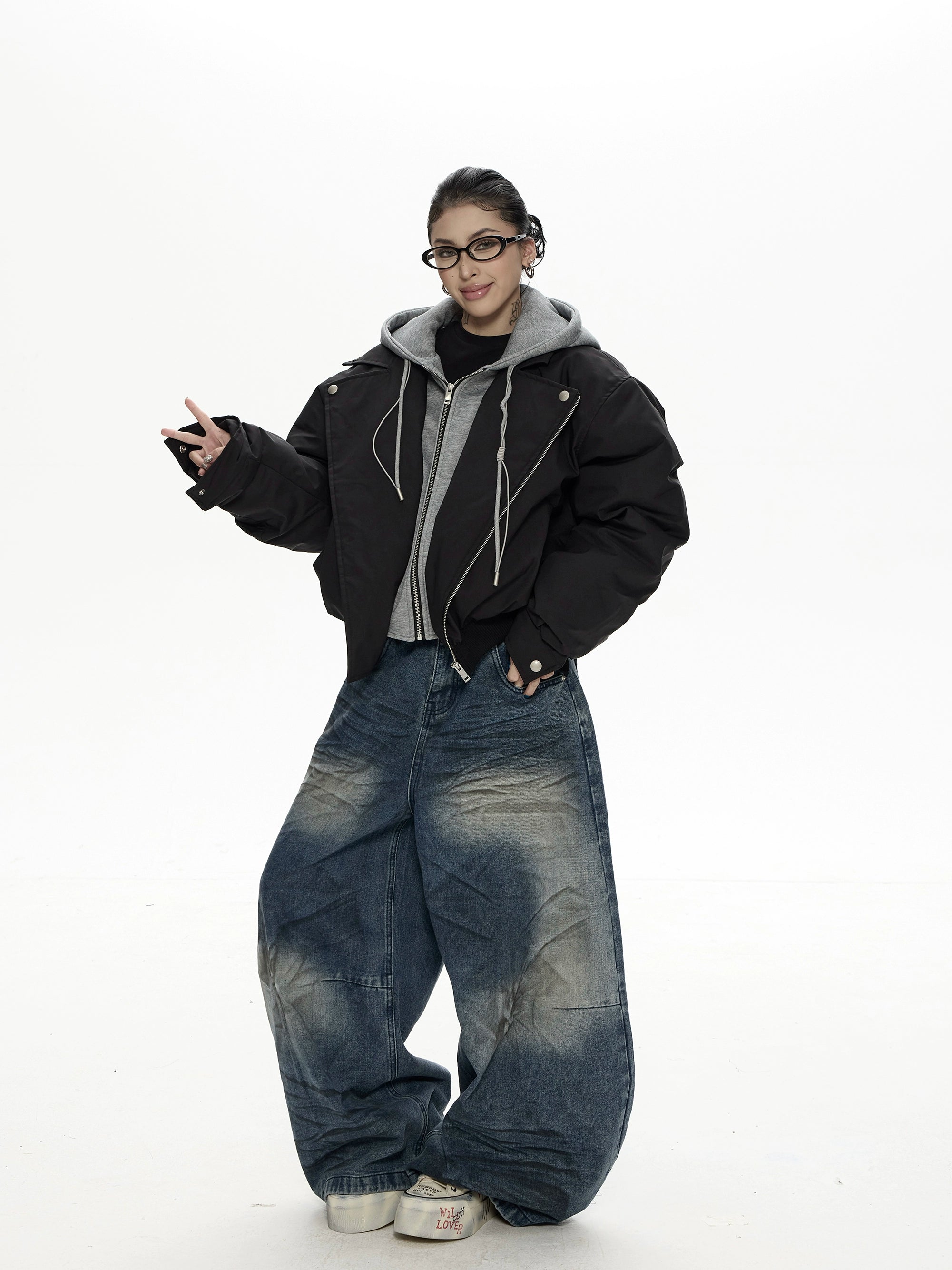 野生zero 假两件夹克棉服女秋冬新款设计感小众连帽宽松棉衣外套