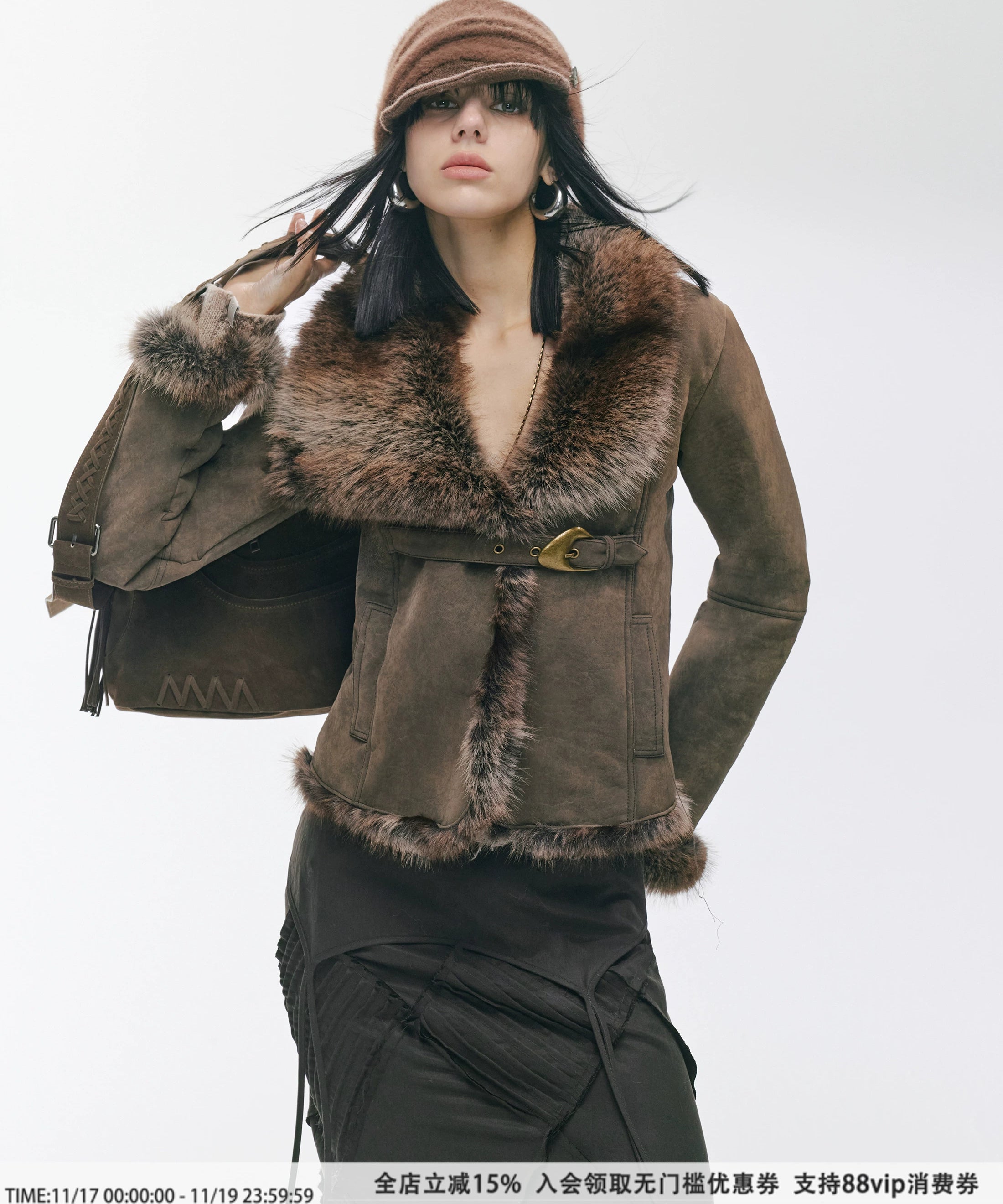 2th Desire复古不规则大翻领做旧金属扣麂皮皮毛一体保暖毛毛外套