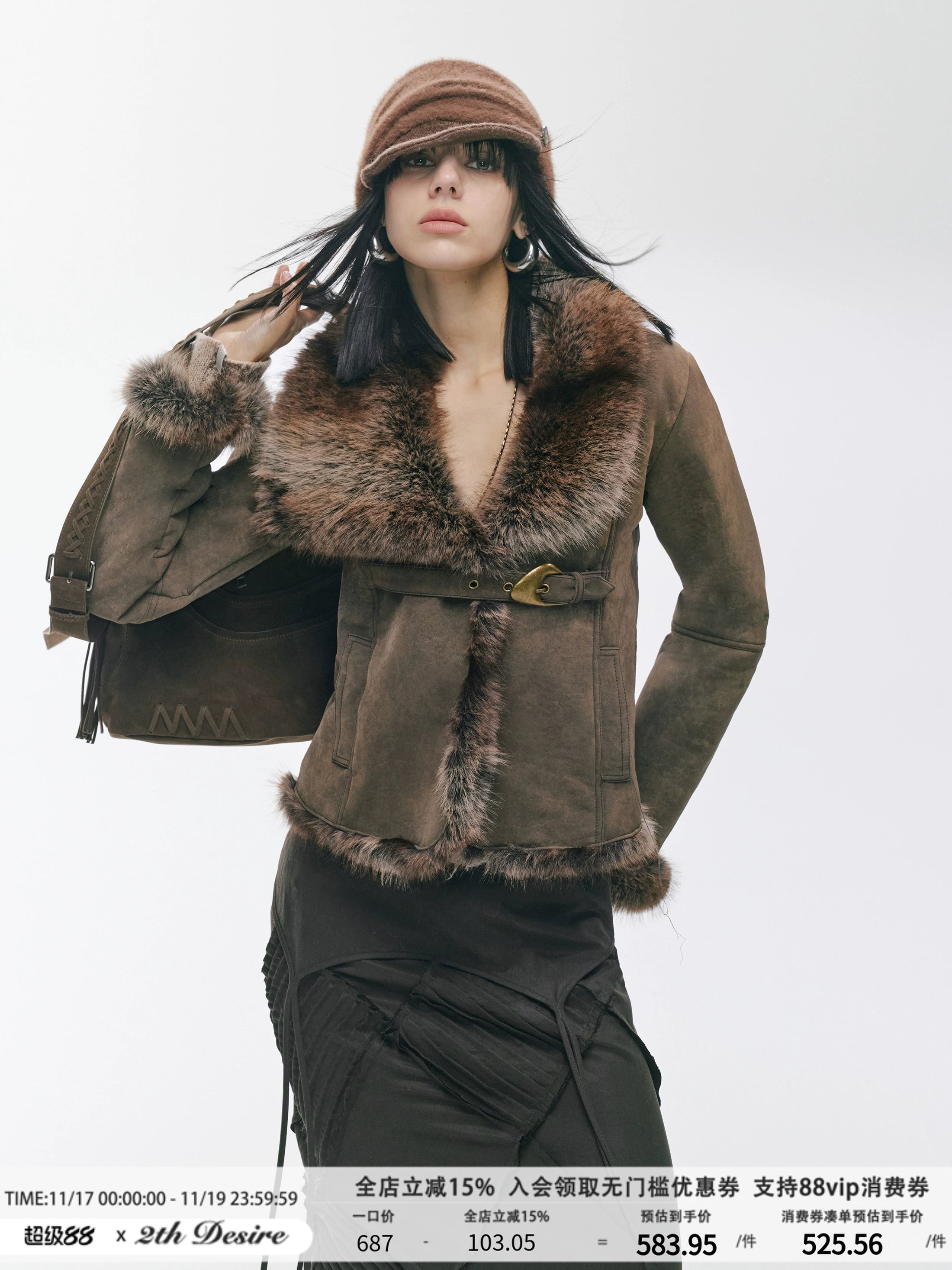 2th Desire复古不规则大翻领做旧金属扣麂皮皮毛一体保暖毛毛外套