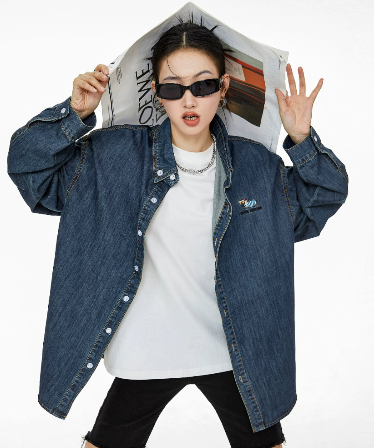 ICH MODE 美式复古刺绣长袖牛仔衬衫女秋冬百搭宽松休闲衬衣外套