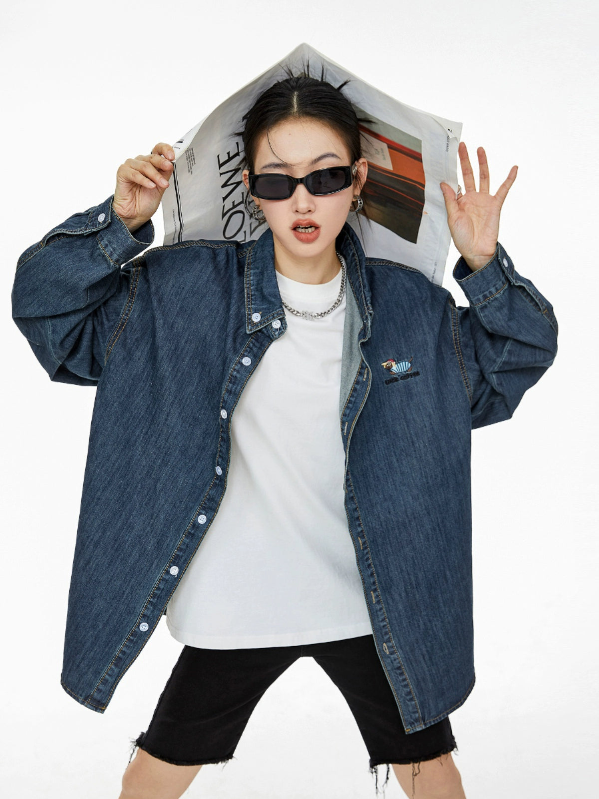 ICH MODE 美式复古刺绣长袖牛仔衬衫女秋冬百搭宽松休闲衬衣外套