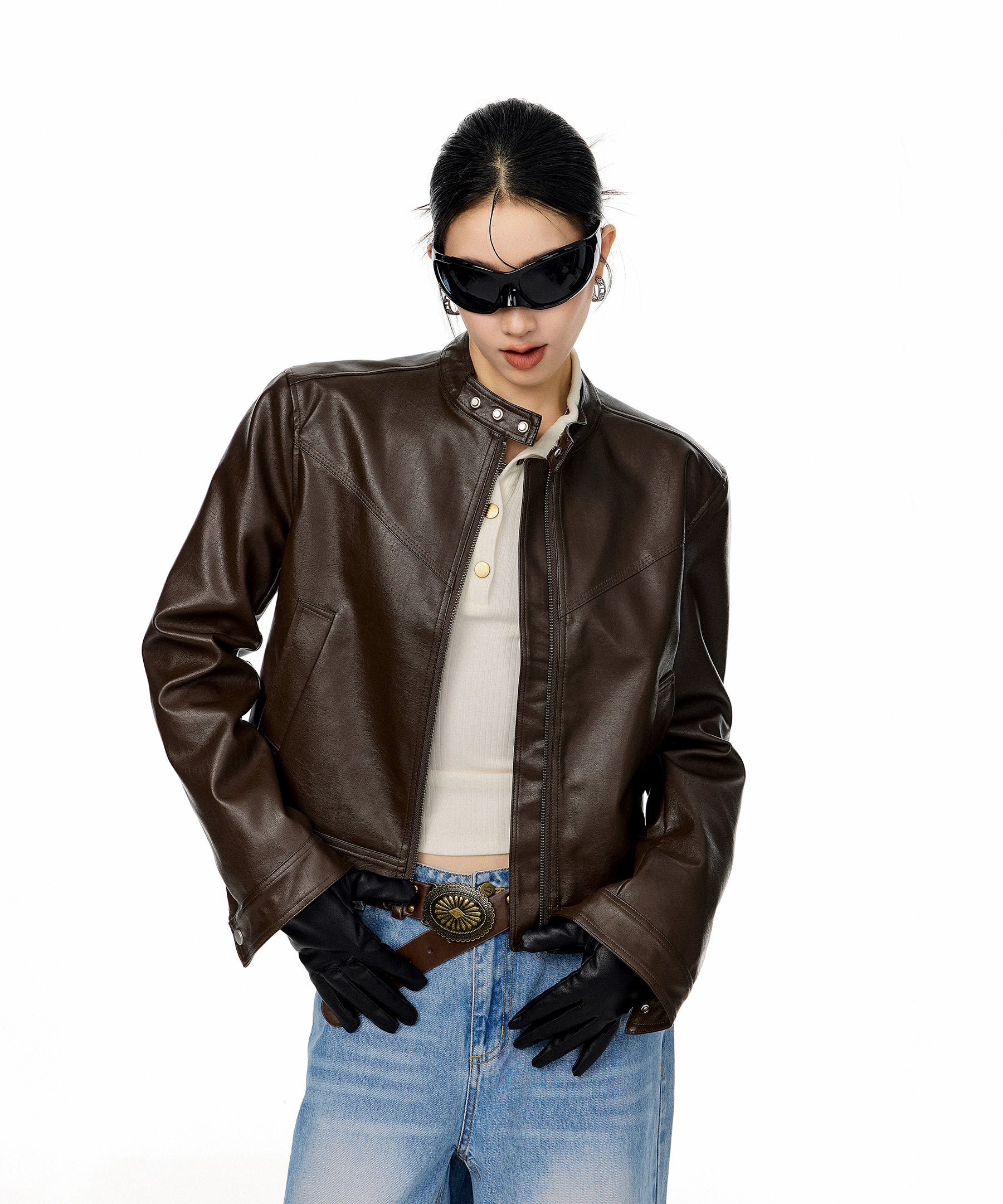 ICH MODE 美式复古短款机车皮衣外套女秋冬酷飒风流行皮夹克上衣