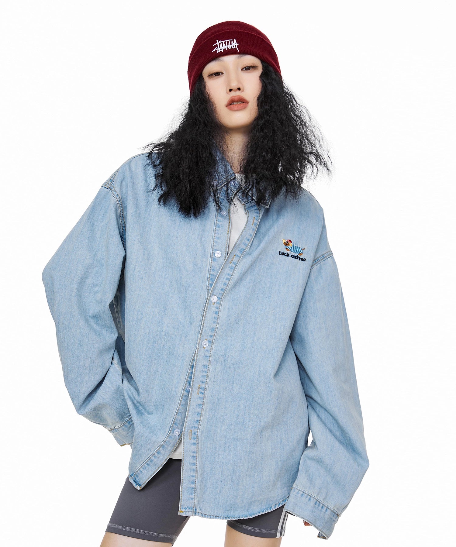 ICH MODE 美式复古刺绣长袖牛仔衬衫女秋冬百搭宽松休闲衬衣外套